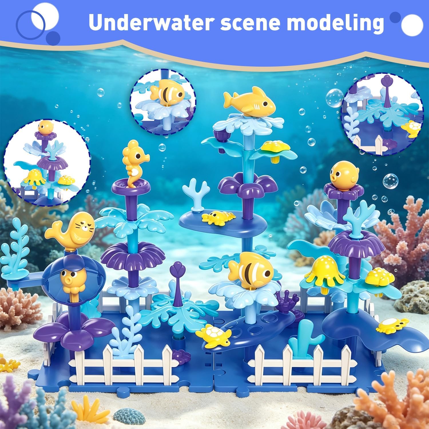 Ocean Building Blocks for Toddlers, 57PCS Stacking Interlocking Toy with Sea Animals & Plants, STEM Educational Kit for Kids Ages 3+, Preschool Sensory Toy, Birthday Gift for Boys Girls