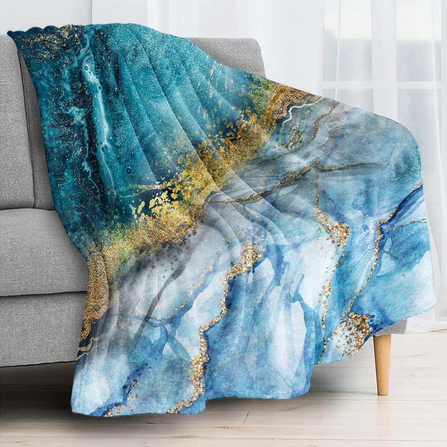 Blue & Gold Marble Throw Blanket for Couch, Super Soft Fuzzy Throws Warm Comfortable Plush Fleece Blanket, Fashion Decorative Flannel Fleece Blanket for All Season(50 x 60 in, Blue & Gold Marble) - Image 2