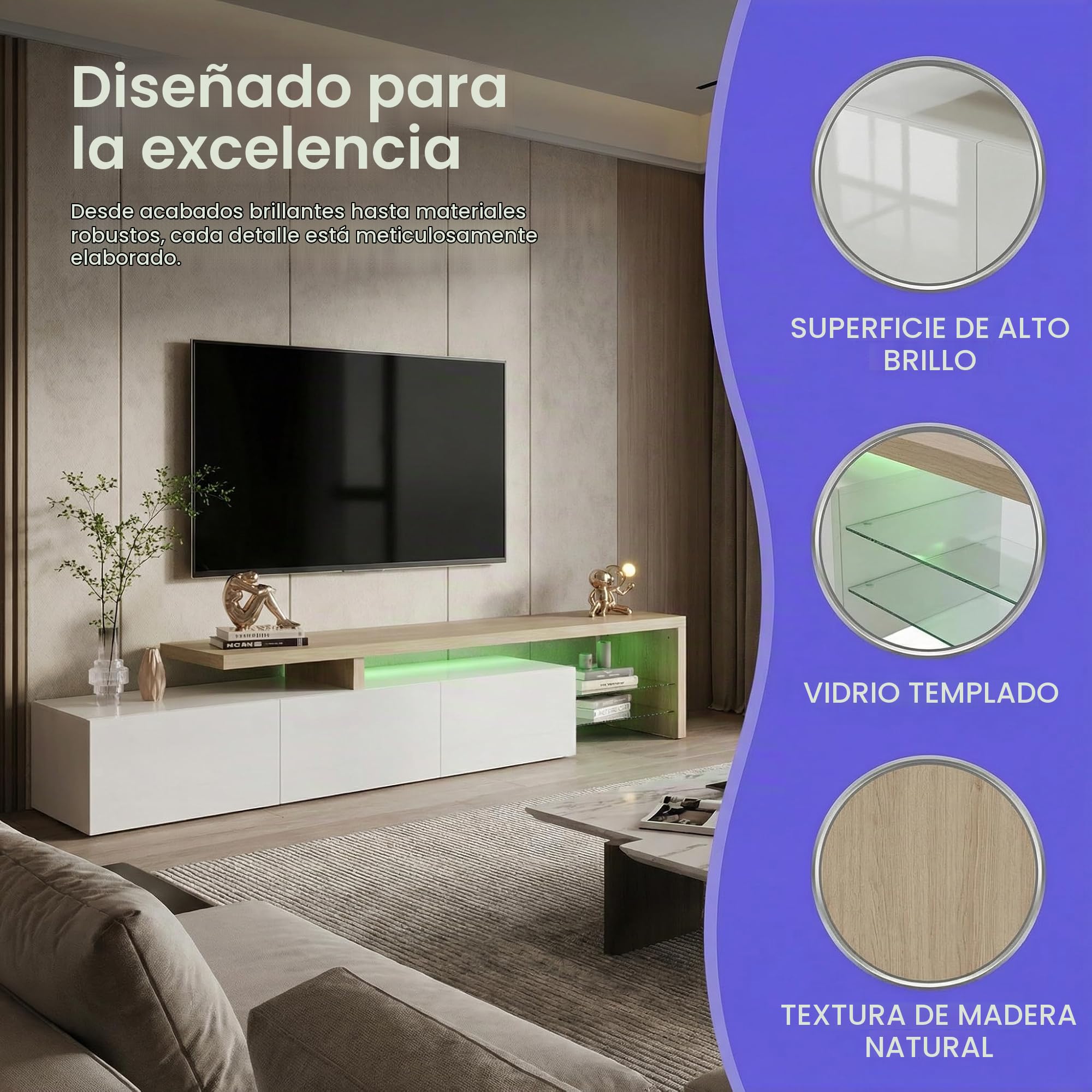 Mueble TV LED 200 Cm, Muebles TV con Estante De Cristal, Mueble TV para Salón, Banco TV Moderno De Madera con 3 Armarios, Armario Bajo para Salón, Blanco