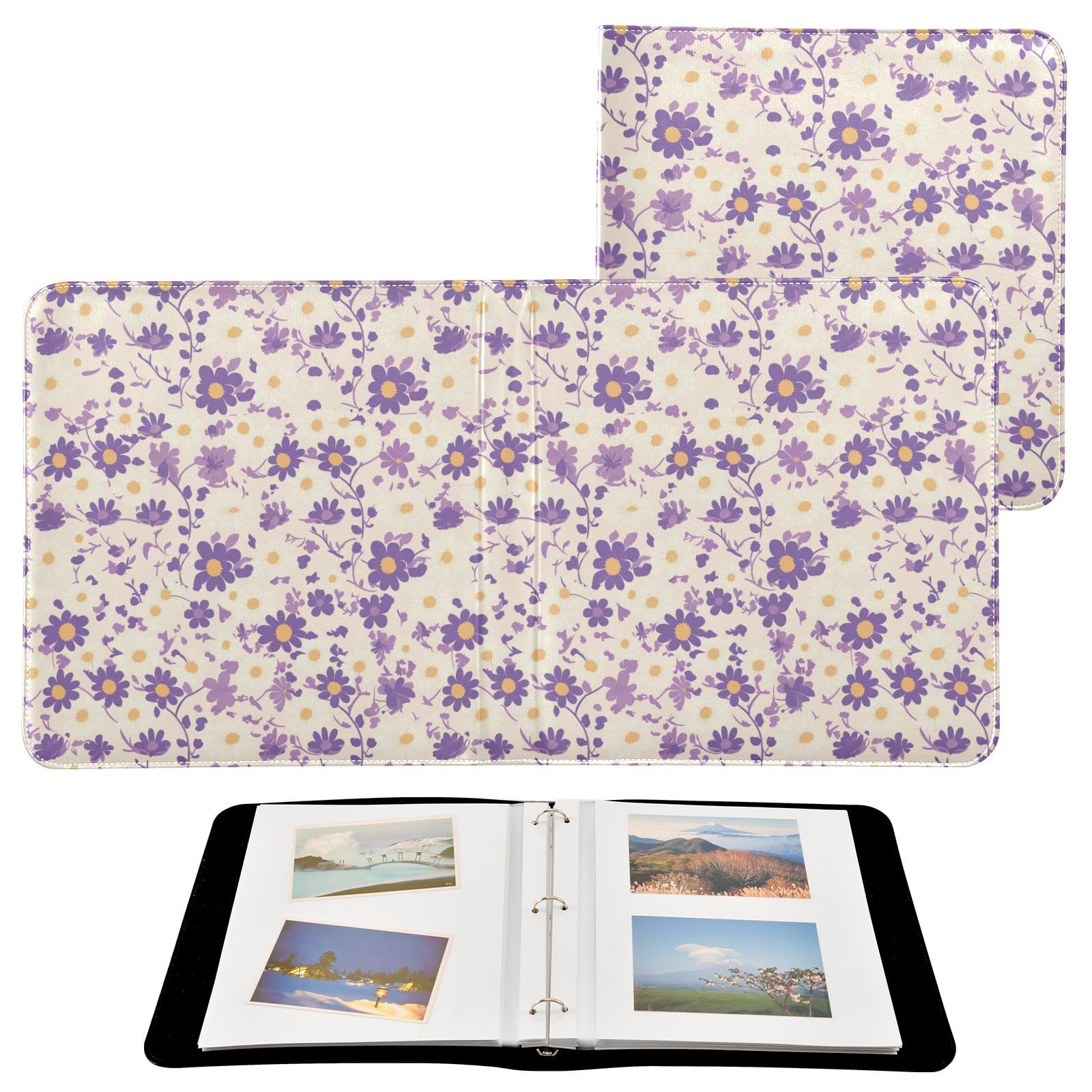 Álbumes familiares para fotos sin costuras con margaritas moradas para fotos de todos los tamaños, páginas autoadhesivas de 4 x 6, 5 x 7, 6 x 8 pulgadas