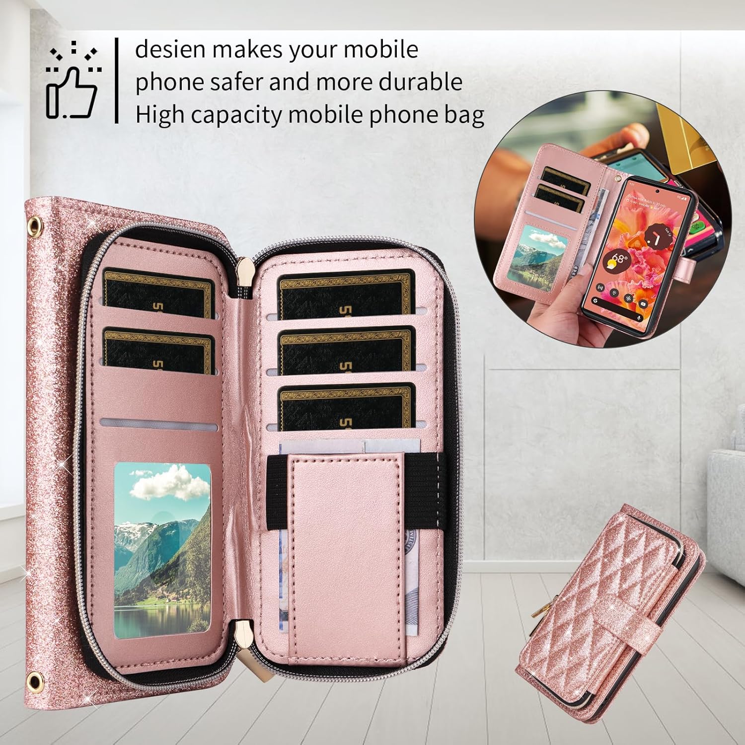 Wallet Case for Google Pixel 6 with Detachable Wrist Strap,Crossbody Shoulder Strap,9+ Card Slots,Zipper Purse Luxury PU Leather Stand Cell Phone Cover for Pixel6 Pixle Six Girls Women Pink