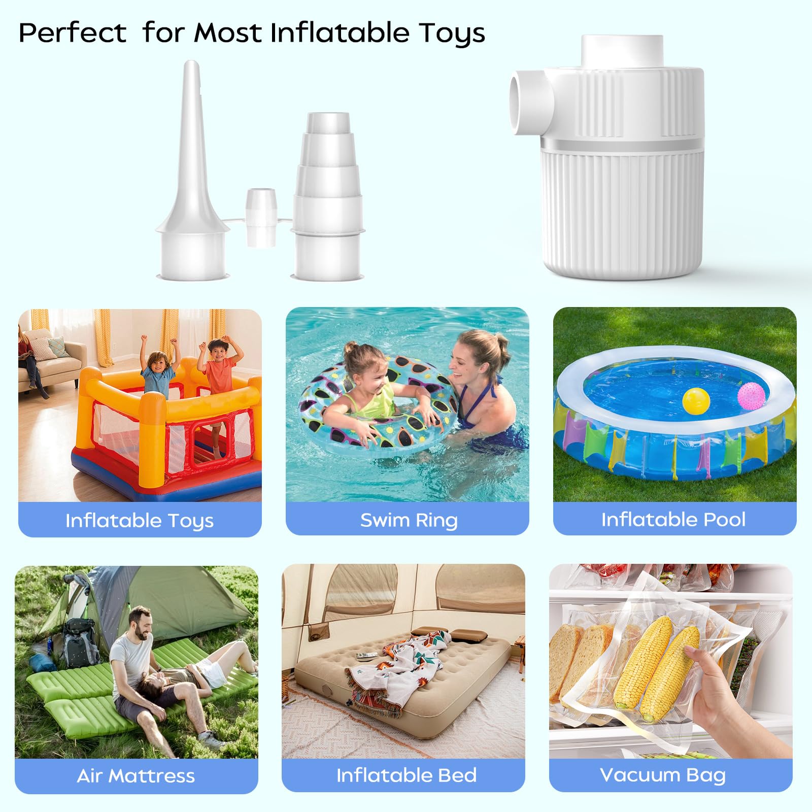 Pompa Sottovuoto da Viaggio, Pompa Elettrica Sottovuoto, 2-in-1 Doppia Funzione (Aspirazione e Gonfiaggio) con 3 Boccagli, per Sacchetti Sottovuoto Vestiti, Letti Gonfiabili,Ciambelle Piscina