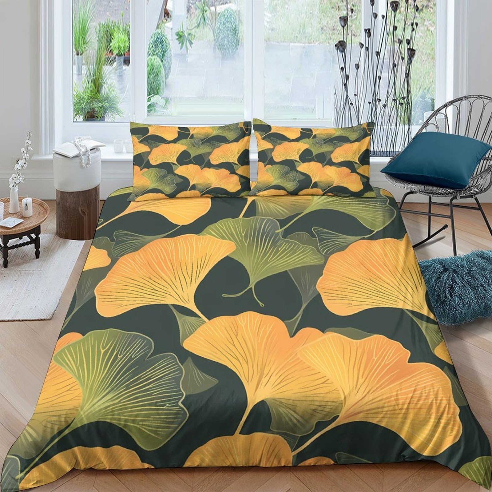 Ctjqhvkz Style-3 3D Printed Ginkgo Leaf Fitted Sheet Microfiber Soft Yellow Green Botanical Bed Cover For Bedroom Guest Room Decor Single（135X200cm）