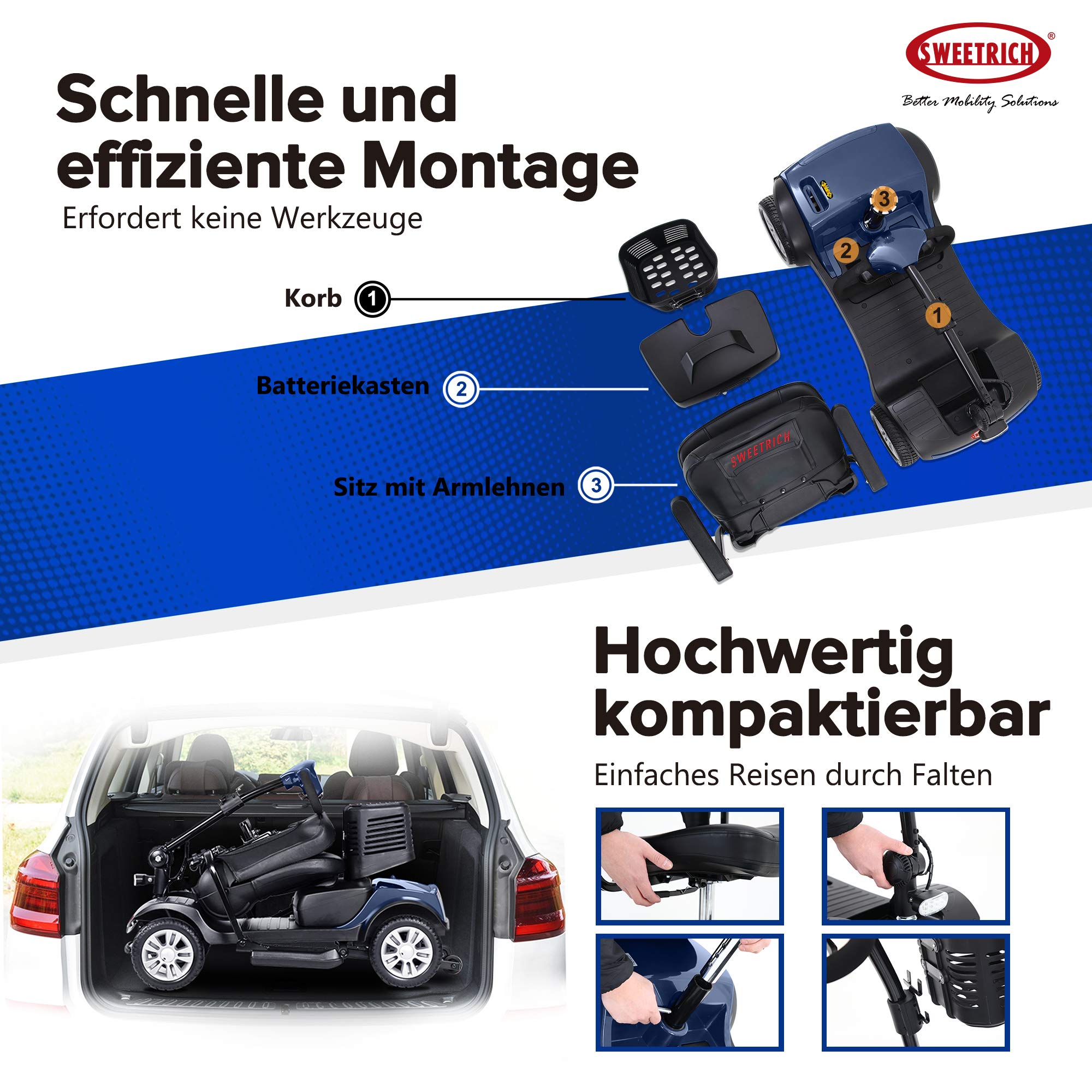 300 W, scooter compatto a quattro ruote, portata di 15 km, per anziani (blu)