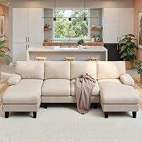 Xbro Sofá 4 Plazas en Forma de U, con Chaise Longue, Práctico y Funcional,Sofá de Corduroy con para Salón, 270 x 122 x 86 cm, Blanquecino