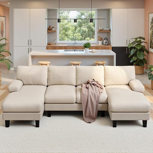 Xbro Sofá 4 Plazas en Forma de U, con Chaise Longue, Práctico y Funcional,Sofá de Corduroy con para Salón, 270 x 122 x 86 cm, Blanquecino