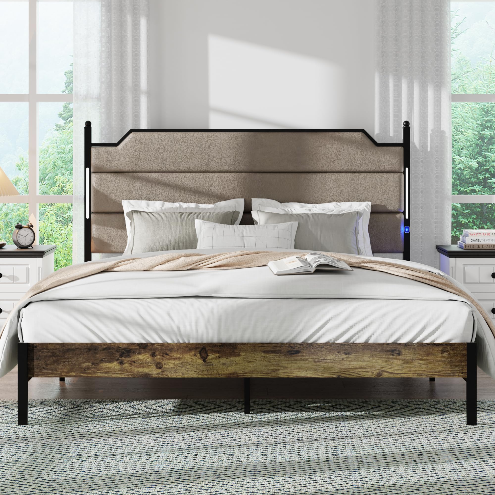 Brown King Platform Bed with Upholstered Headboard Bed Frame King Size with Charging Station and LED Lights Industrial
