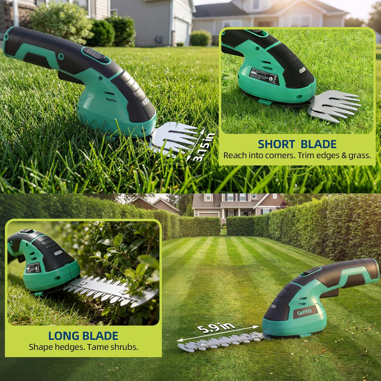 Garvee Cordless Hedge Trimmer - Small Garden 2 in 1 Handheld 7.2V Electric Grass Shears/Grass Cutter Rechargeable Lithium-Ion 2.0 Ah Battery and Type-C Cable Included Shrubbery Trimmer