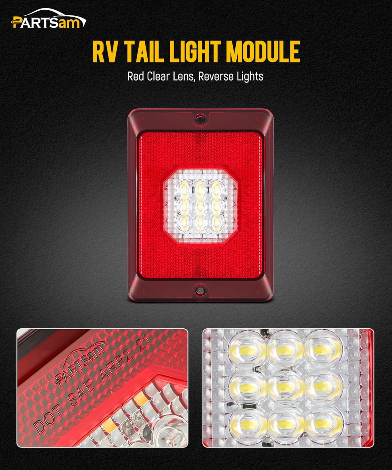 Partsam RV Tail Light Module Reverse Backup Lights Clear Lens 12V IP67 Waterproof Sealed Surface Mount Replacement for RV/Camper/Trailer Double/Triple LED Tail Lights