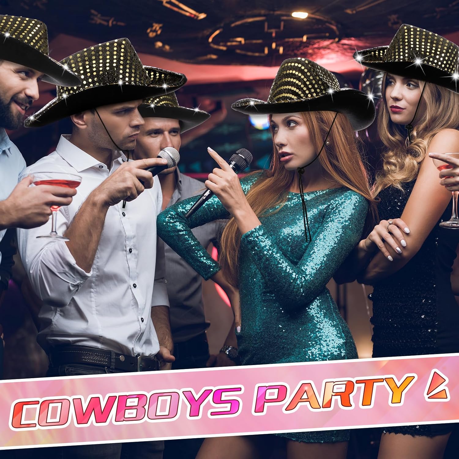 Kigeli 10 Pcs Lights LED Cowboy Cowgirl Hat LED Flashing Hat Cowgirl Hat for Western Cowboy Role Play(Silver,Sequin) - Image 4