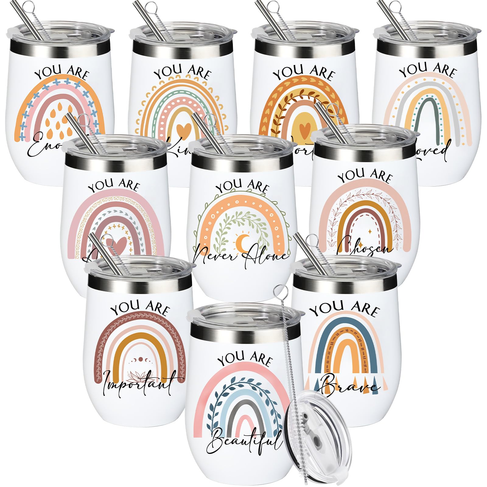 10 Pcs Inspirational Gifts for Women Rainbow Tumbler 12oz You Are Awesome Stainless Steel Insulated Mugs Thank You Employee Appreciation Gifts with Motivational Quotes for Girls Student Teacher
