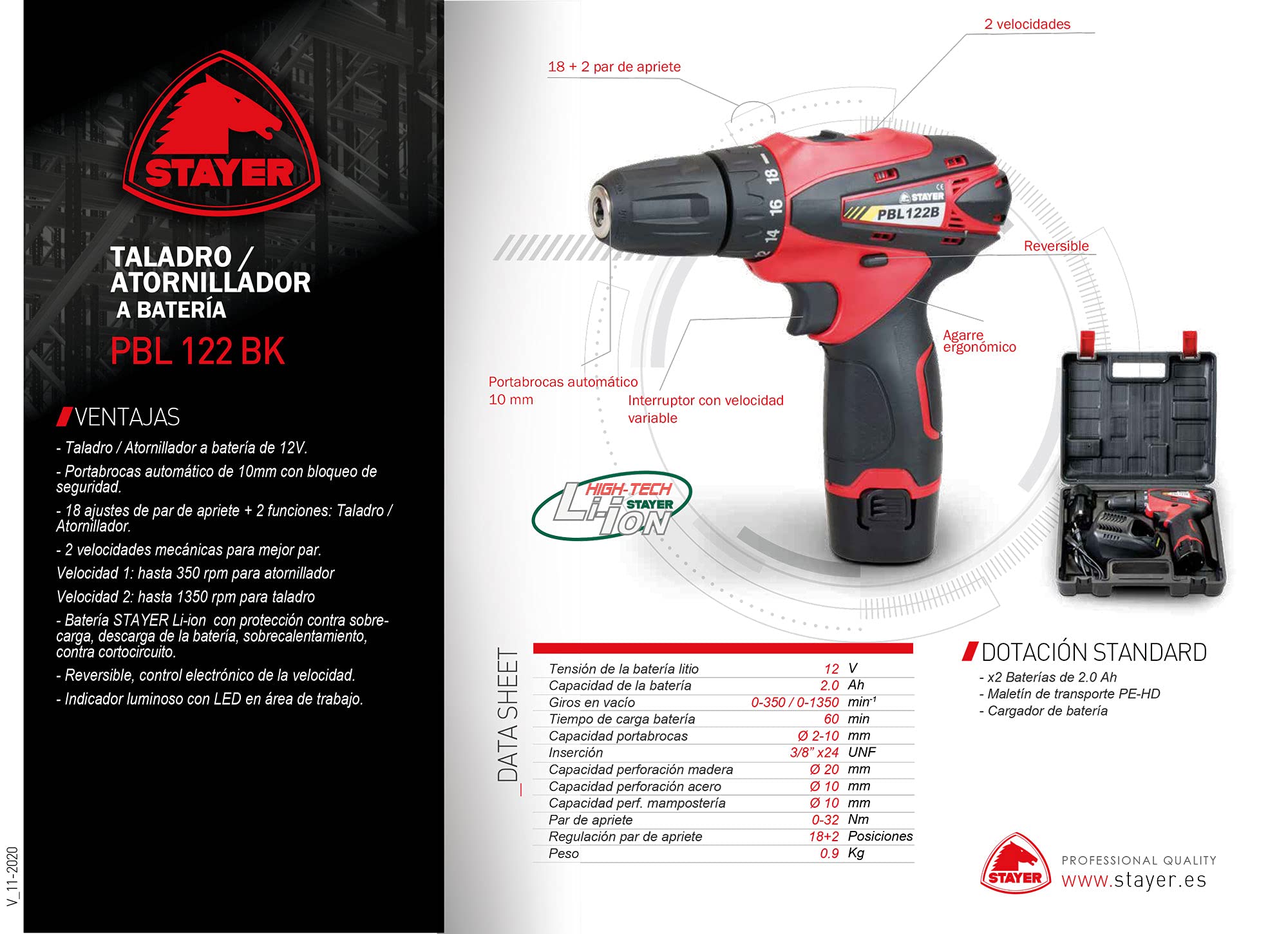 Trapano avvitatore a batteria da 12 V, reversibile ed elettronico, PBL 122 BK