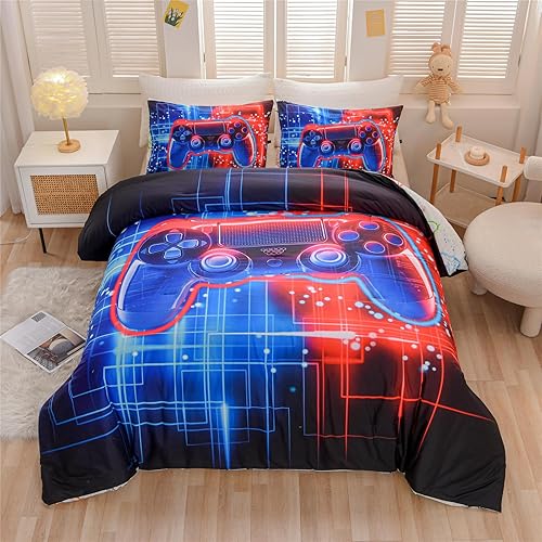 Meeting Story Juego de ropa de cama con estampado de consola de videojuegos fluorescencia rojo-azul para niños, juego de ropa de cama para consola