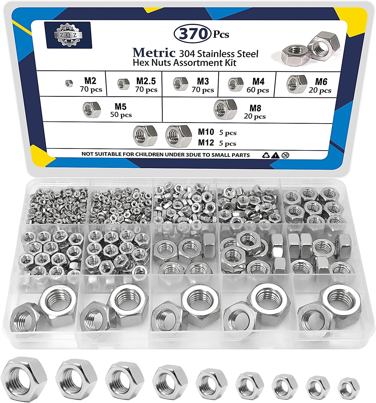 ZQZ 370 Pcs Metric Hex Nuts Assortment Kit, M2 M2.5 M3 M4 M5 M6 M8 M10 M12, 304 Stainless Steel Assorted Hex Nuts Set