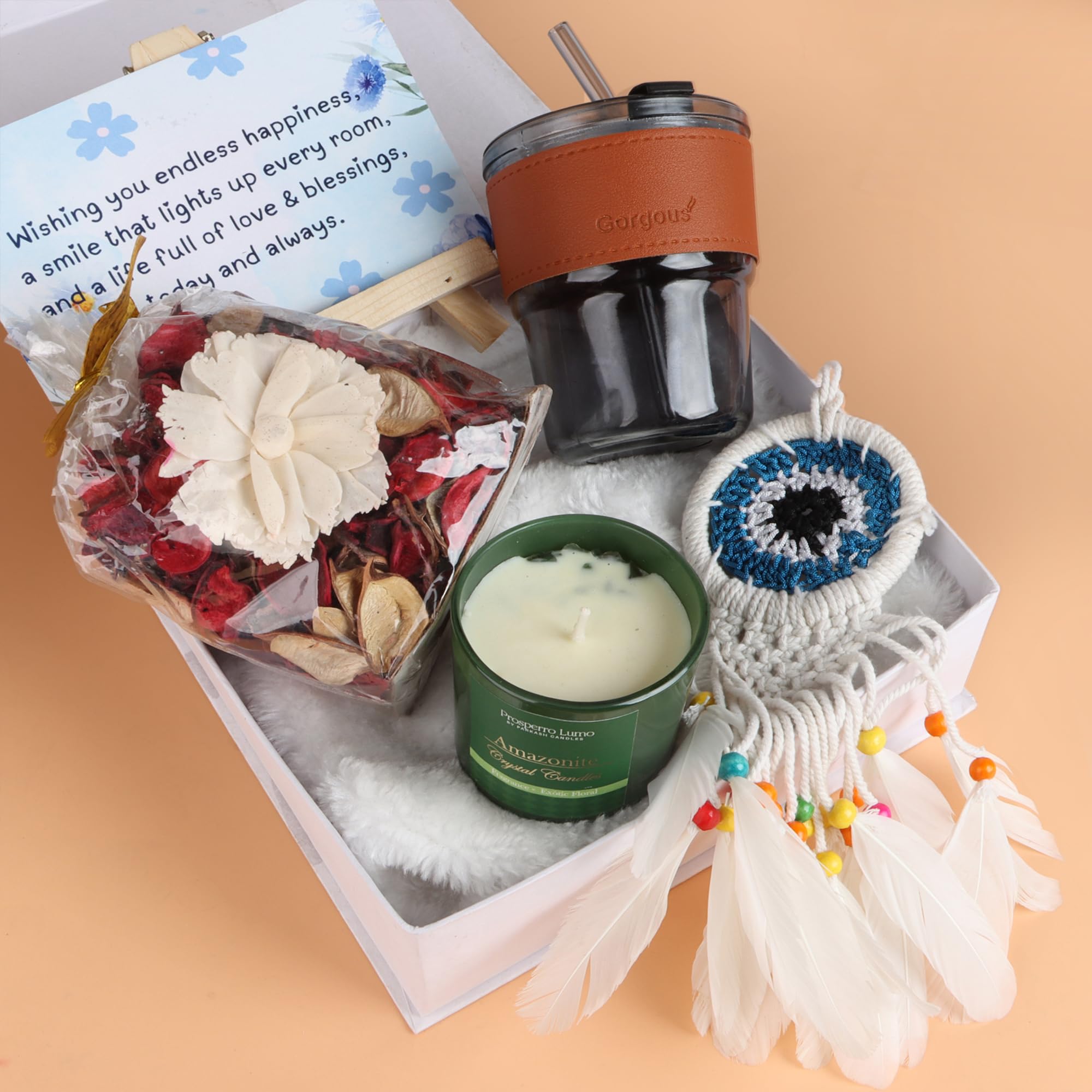 the loony box gift hamper for women & girls | dream catcher with multipurpose sipper, scented dry flower pack, card & soy wax candle - birthday, anniversary, friendship & home decor gift