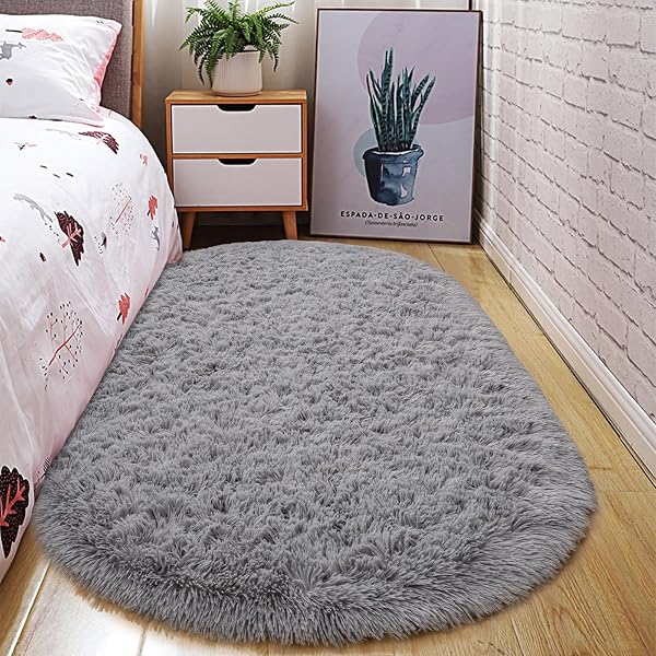 junovo Washable, Non-Slip Area Rug,Oval Fluffy Ultra Soft Area Rugs for Bedroom Plush Shaggy Carpet for Kids Room Bedsid