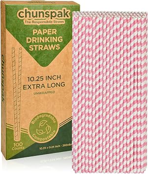 10 Inch Long Biodegradable Pink Paper Straws for Drinking 100ct Disposable