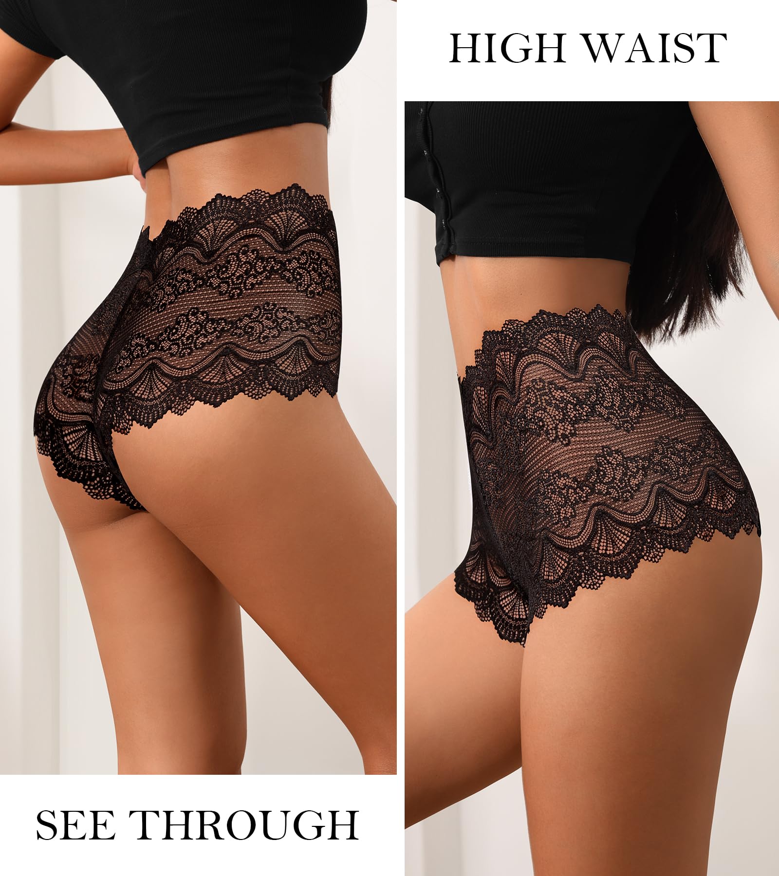 ASIMOON Sexy Women's Underwear Soft Lace Cheeky Panties Lightweight High Waist Bikini Underwear for Women 3Pack: Small Black, 5pack