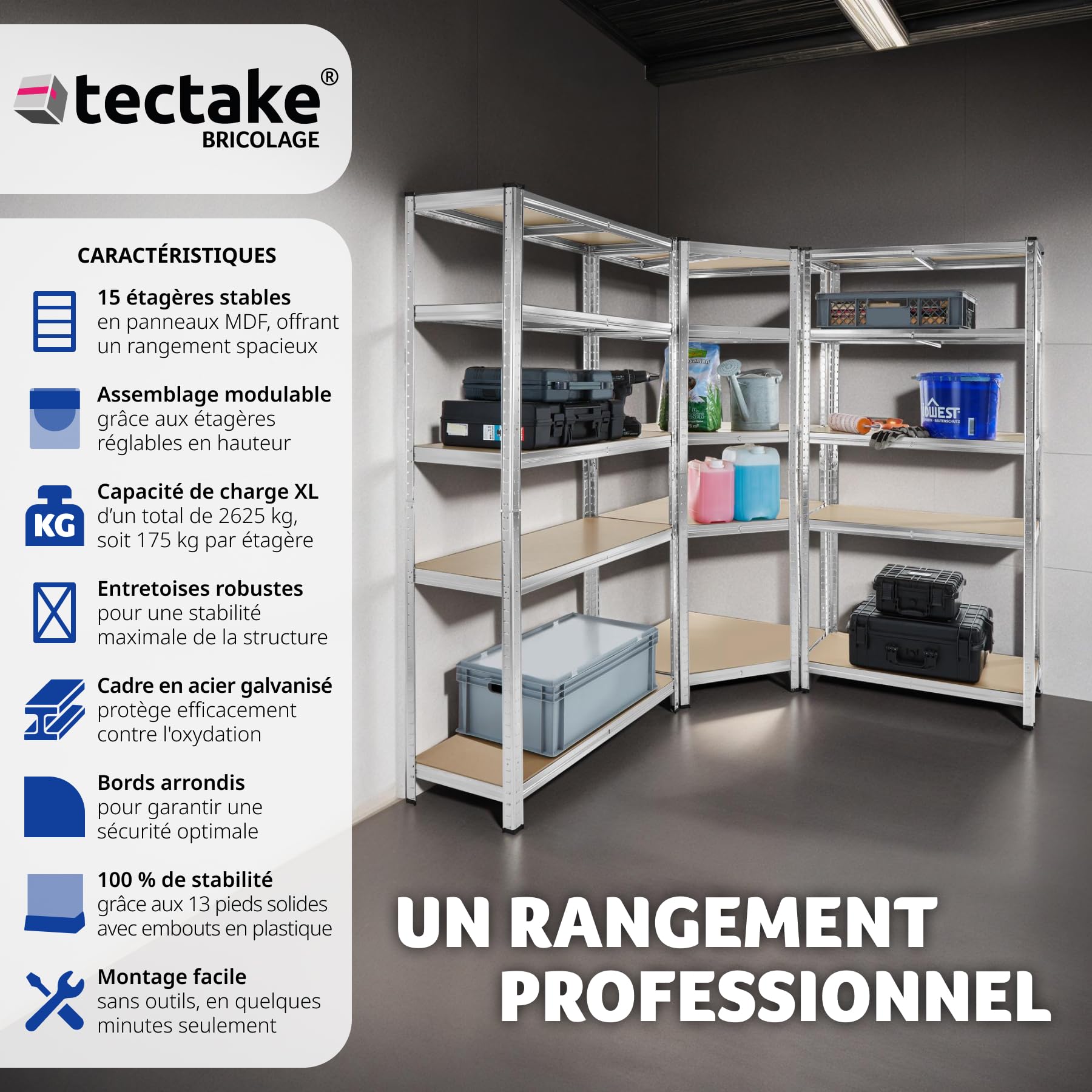 tectake® Étagère Garage Étagère Charge Lourde Meuble de Rangement modulable en métal 15 étagères Max. 175 kg par étagère Rangement Outils Rangement Atelier pneus Rangement buanderie