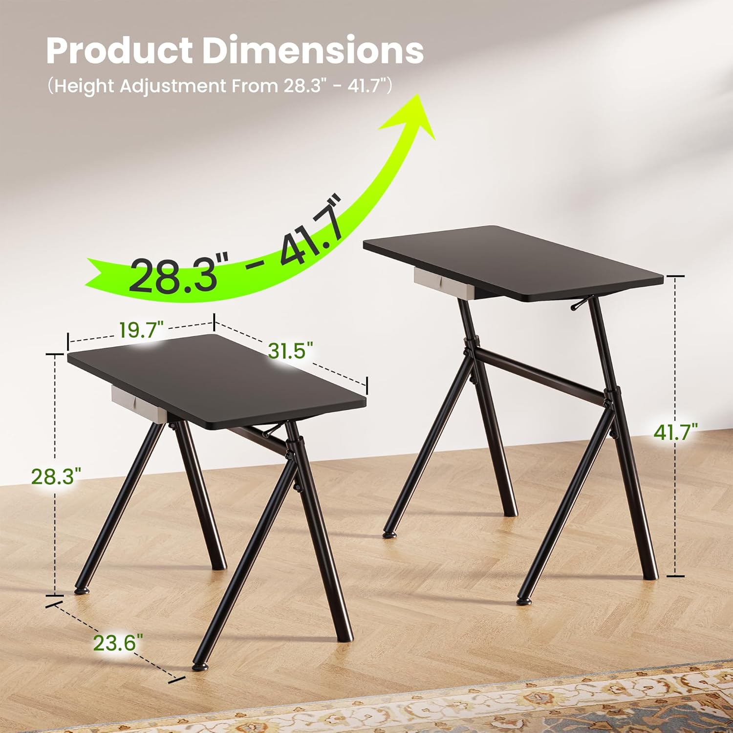Standing Desk, 4-Leg Pneumatic Adjustable Desk for Walking Pad Treadmill - Stable No Wobble Fixed Frame, 32” Computer Desk with Fabric Drawer for Home Office, Gaming Desk, Black