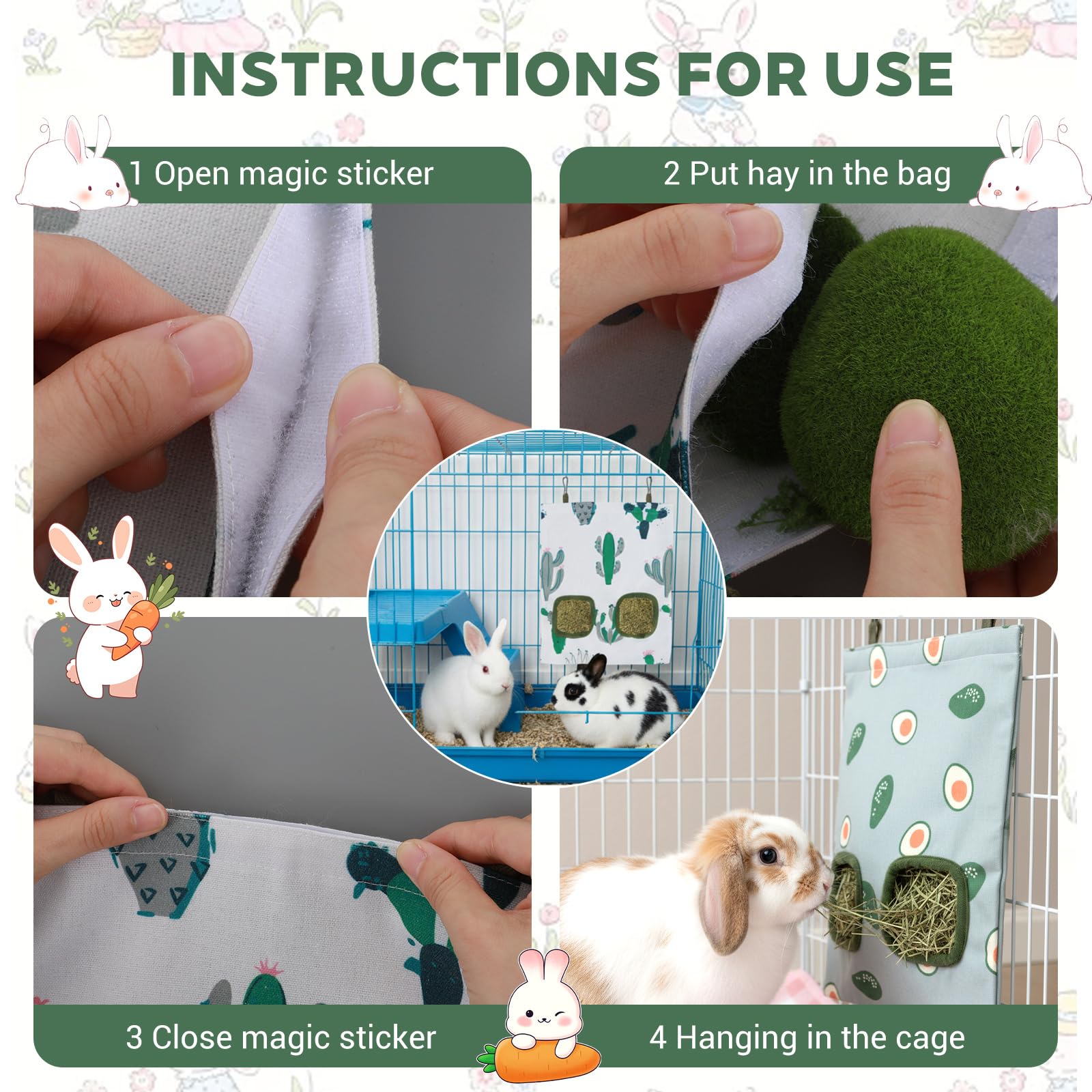 3 Pack Hay Bag for Rabbits, 2-Hole Hanging Rabbit Hay Feeder Bag, Guinea Pig Hays Feeder for Small Pets Rabbits, Chinchillas, Hamsters - image 6