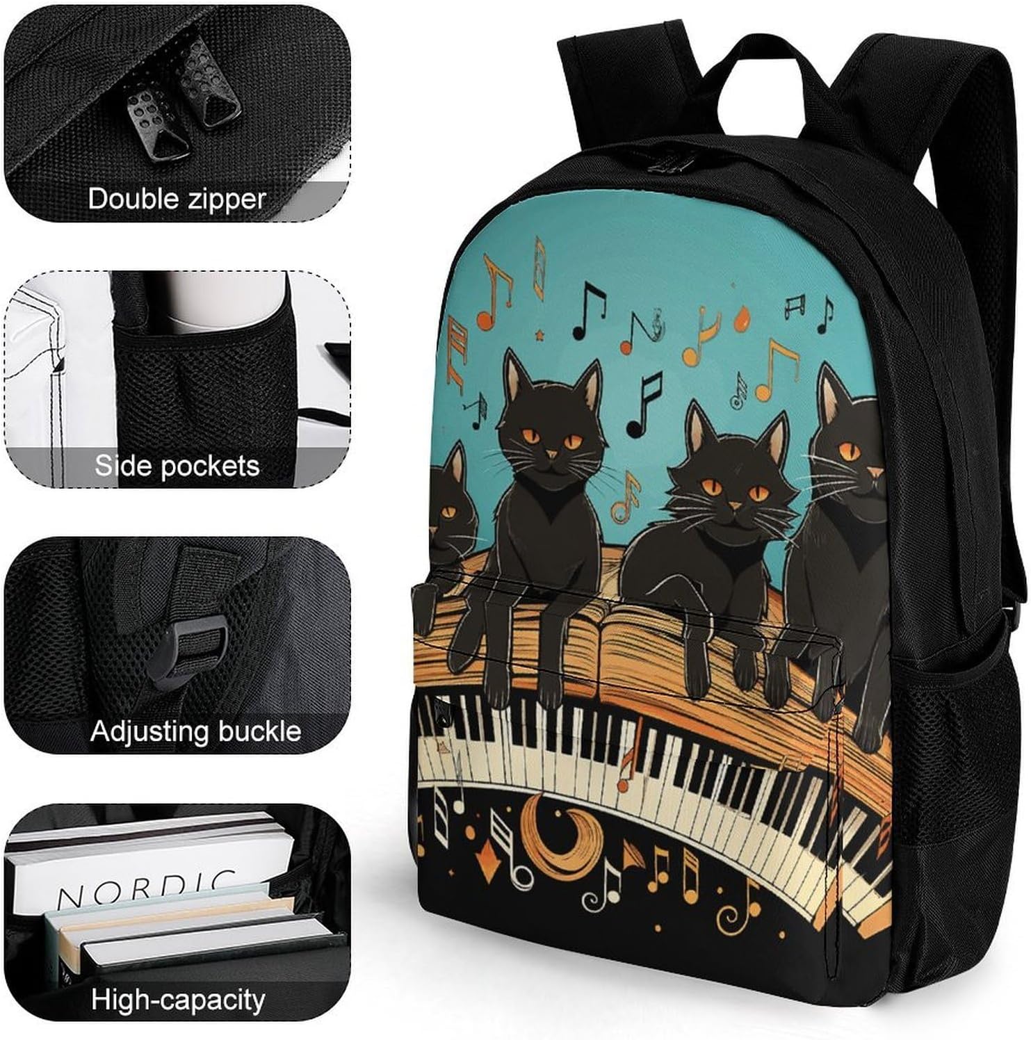 Portable Black Cats Backpack with Front & Side Pockets image 3