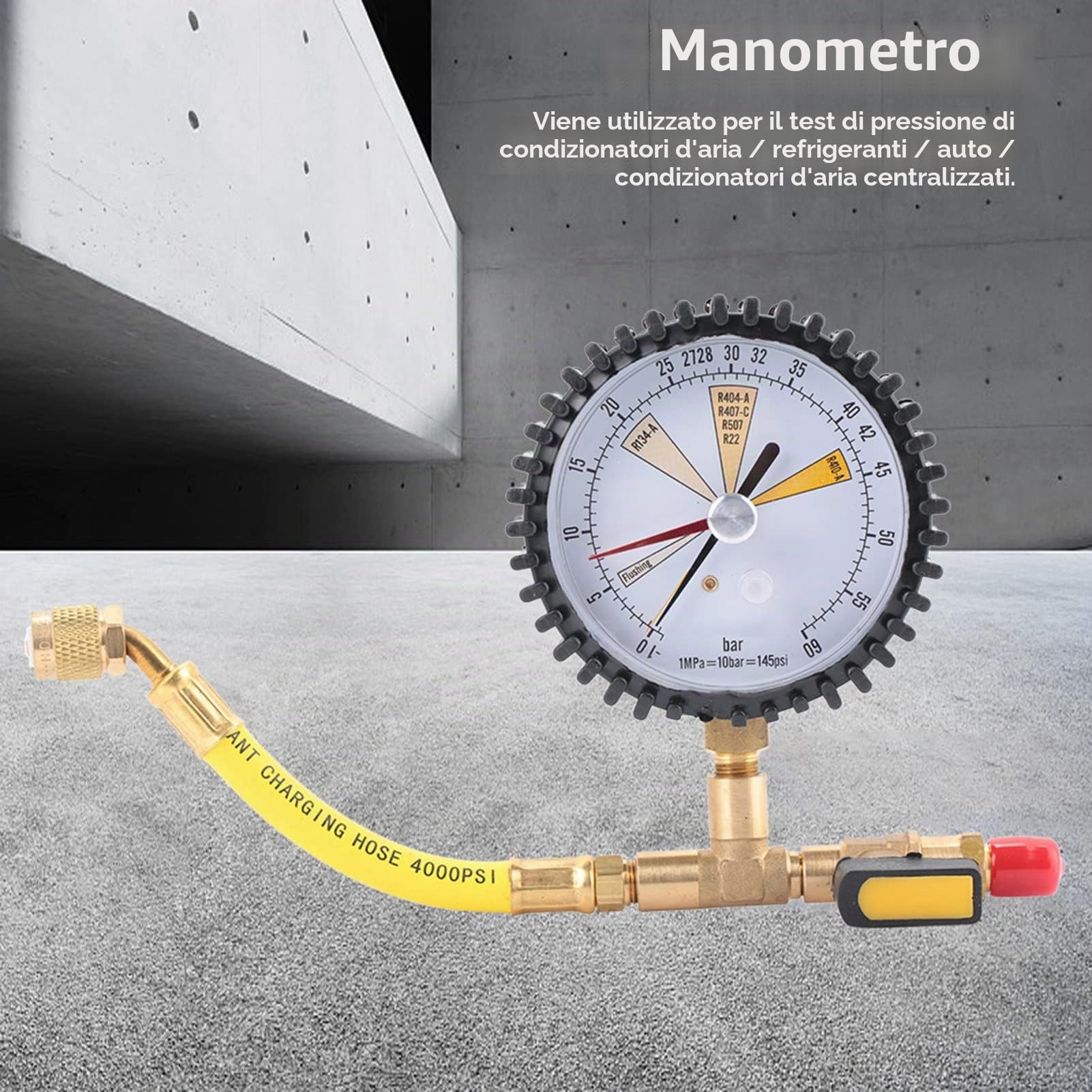 Manometro per Refrigerazione e Aria Condizionata con Valvola Sferica, Test Pressione Azoto, Compatibile R134a R22 R407C R410A, 1/4 Pollice, -1~60 Bar, 80mm