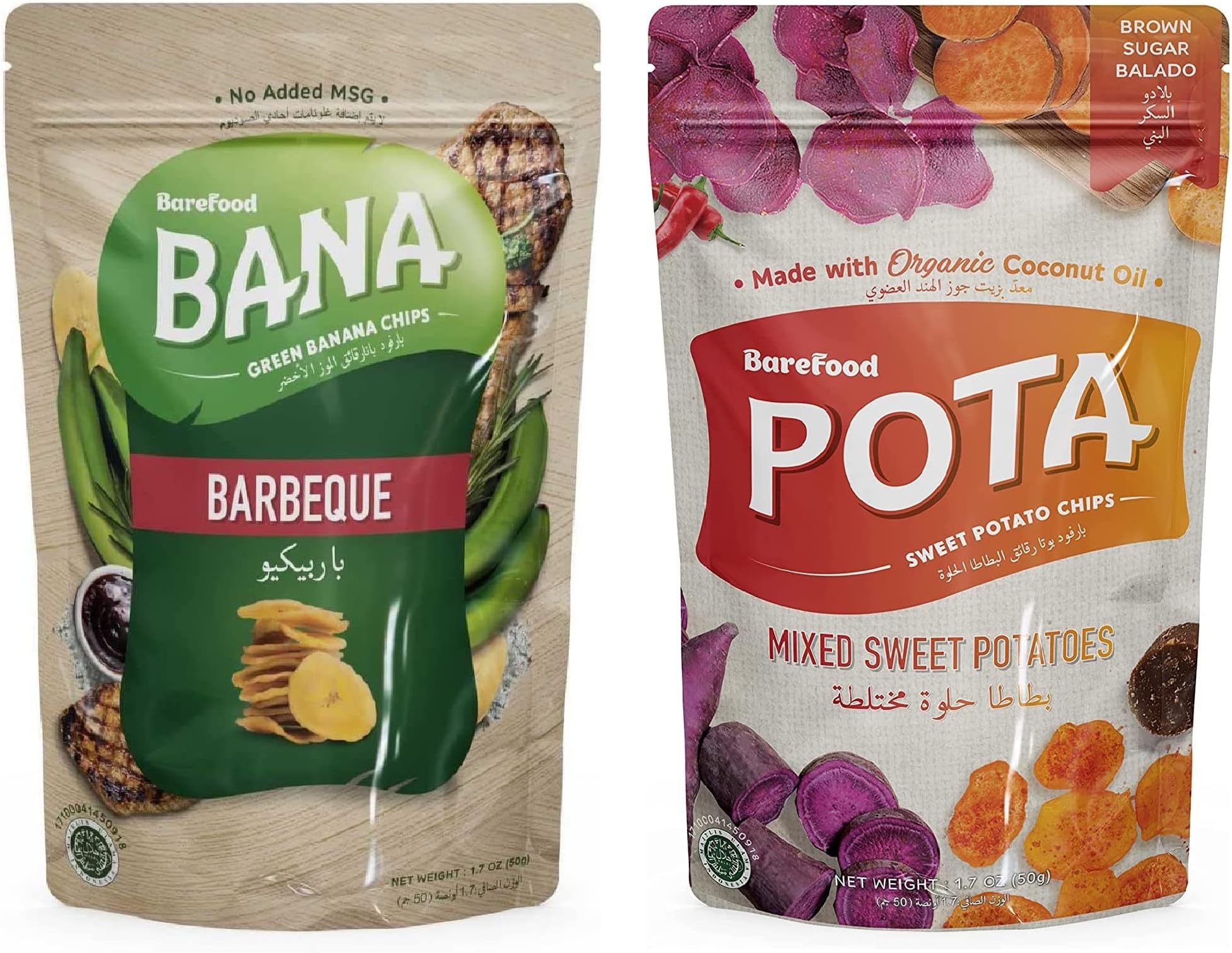Barefood combo of Bana Banana Chips Barbeque Flavour and Pota mixed Sweet Potato Chips Brown Sugar Balado Flavour/Gluten Free/Healthy Snacks (pack of 2, 50Gm Each)