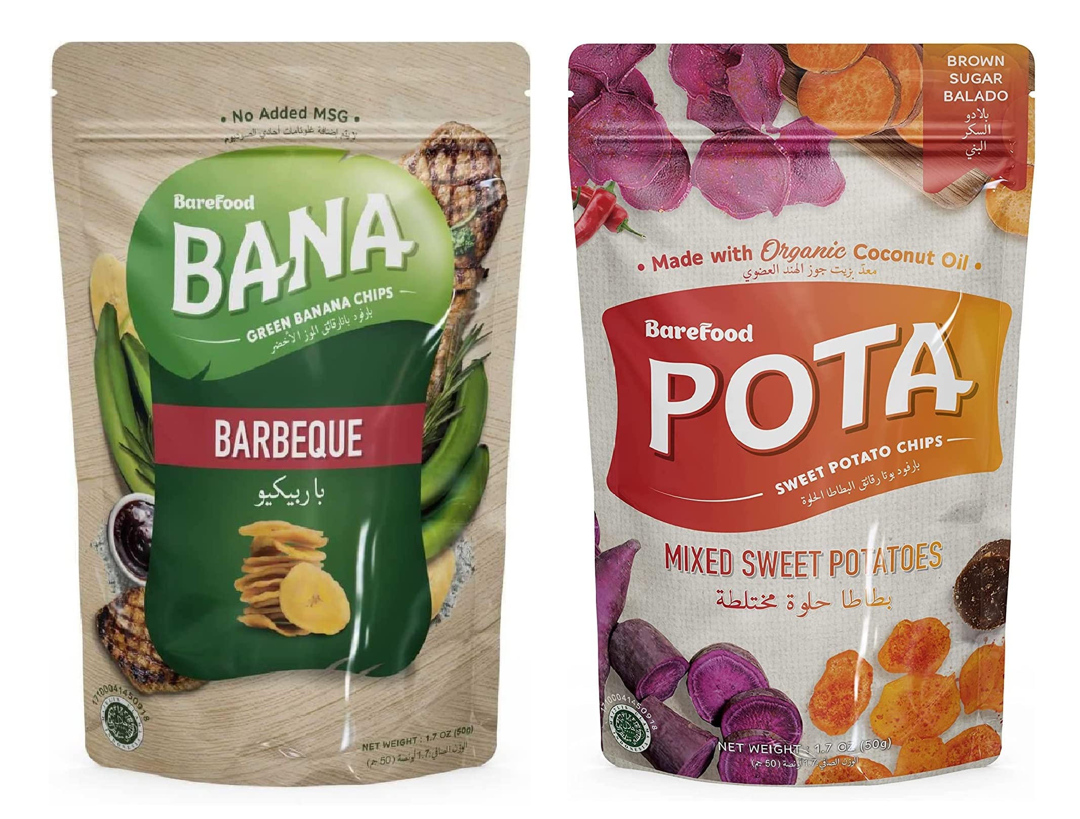 Barefood combo of Bana Banana Chips Barbeque Flavour and Pota mixed Sweet Potato Chips Brown Sugar Balado Flavour/Gluten Free/Healthy Snacks (pack of 2, 50Gm Each)