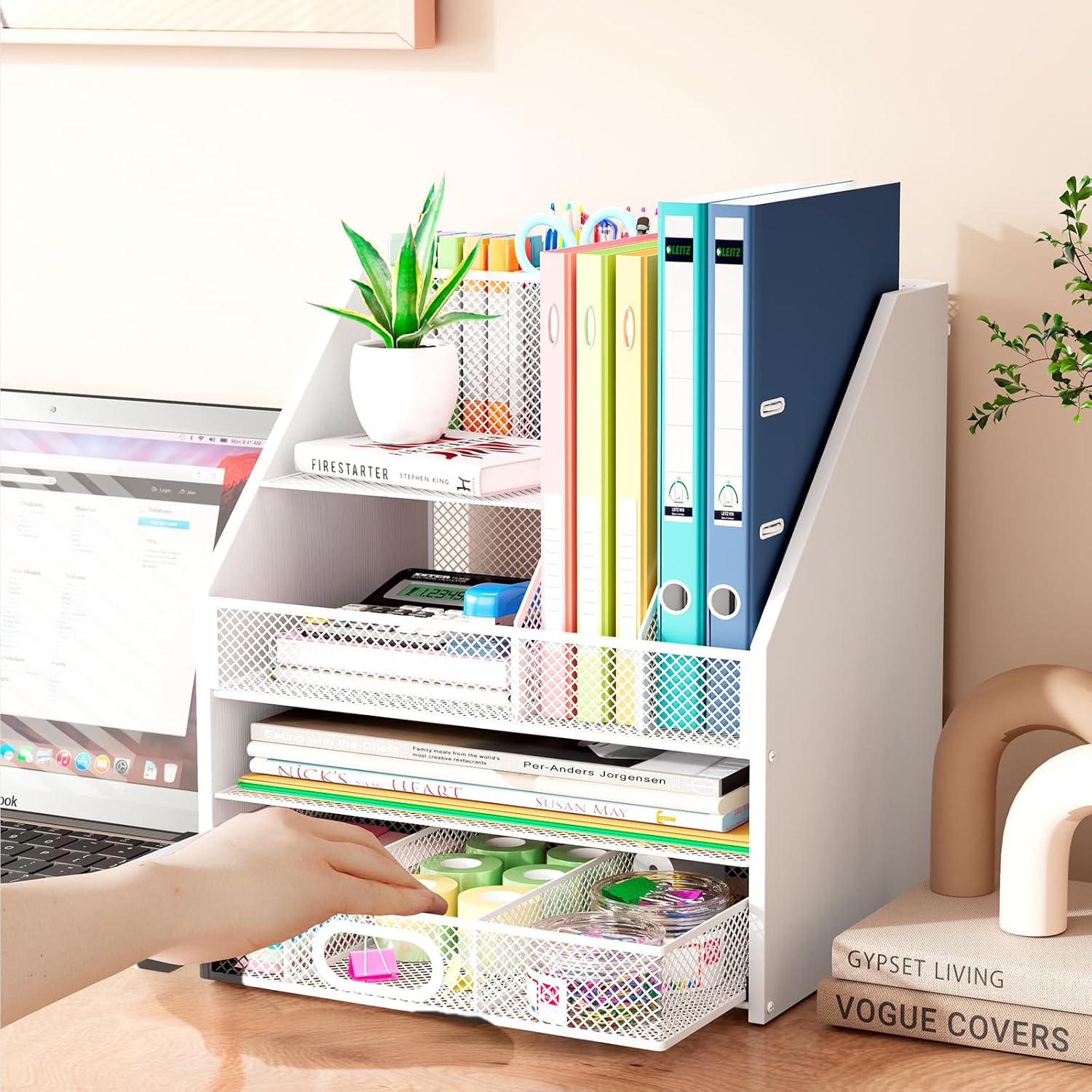 Wooden Desk Organizer - Mesh File Organizer with Drawers and Pen Holder - 4-Tier Vertical Paper Letter Storage Tray, Desktop Organizers and Accessories for Home Office （White