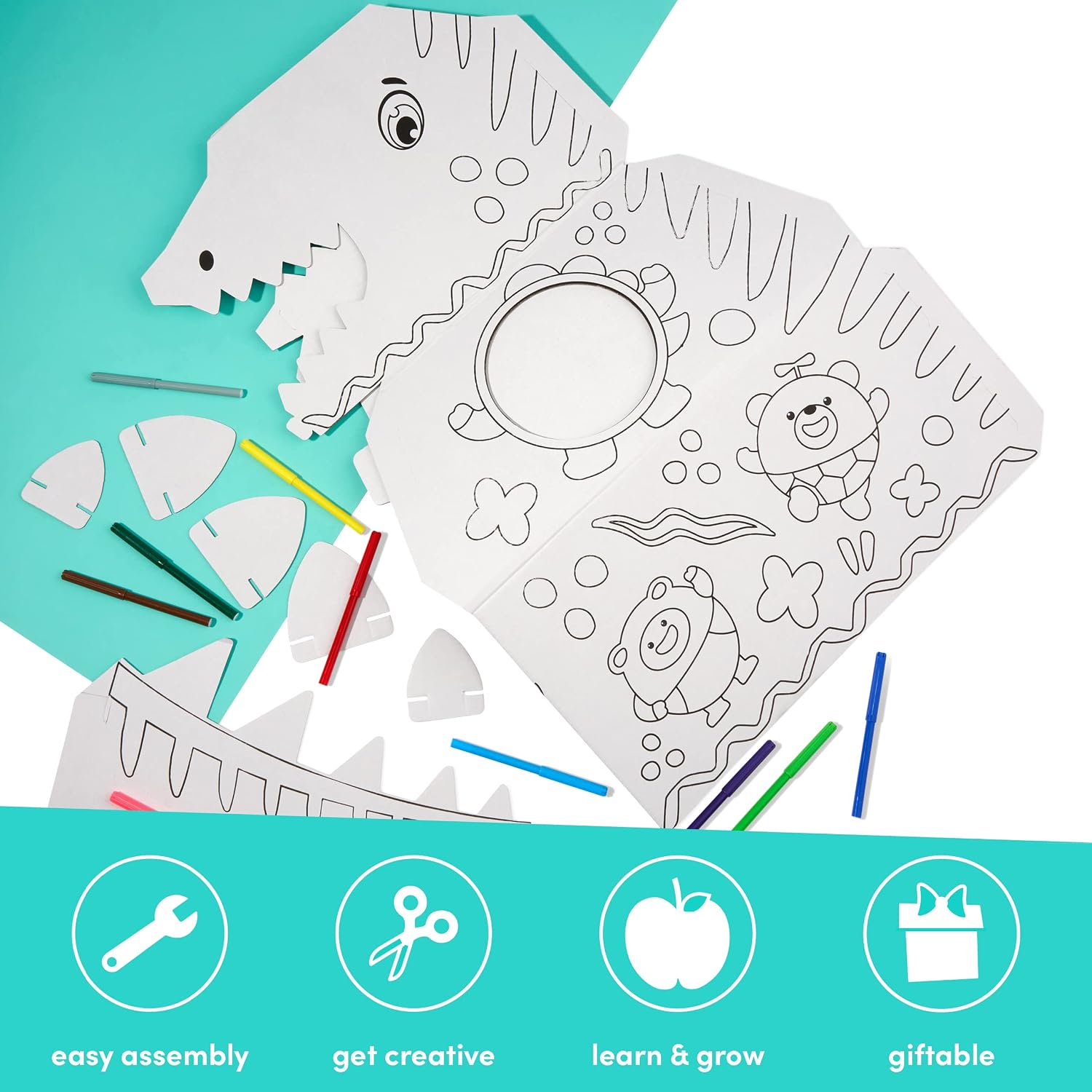 THE TWIDDLERS 3D Dinosaur Cardboard Wearable Puzzle, Build & Colour in, 10 Colouring Pens - Image 4