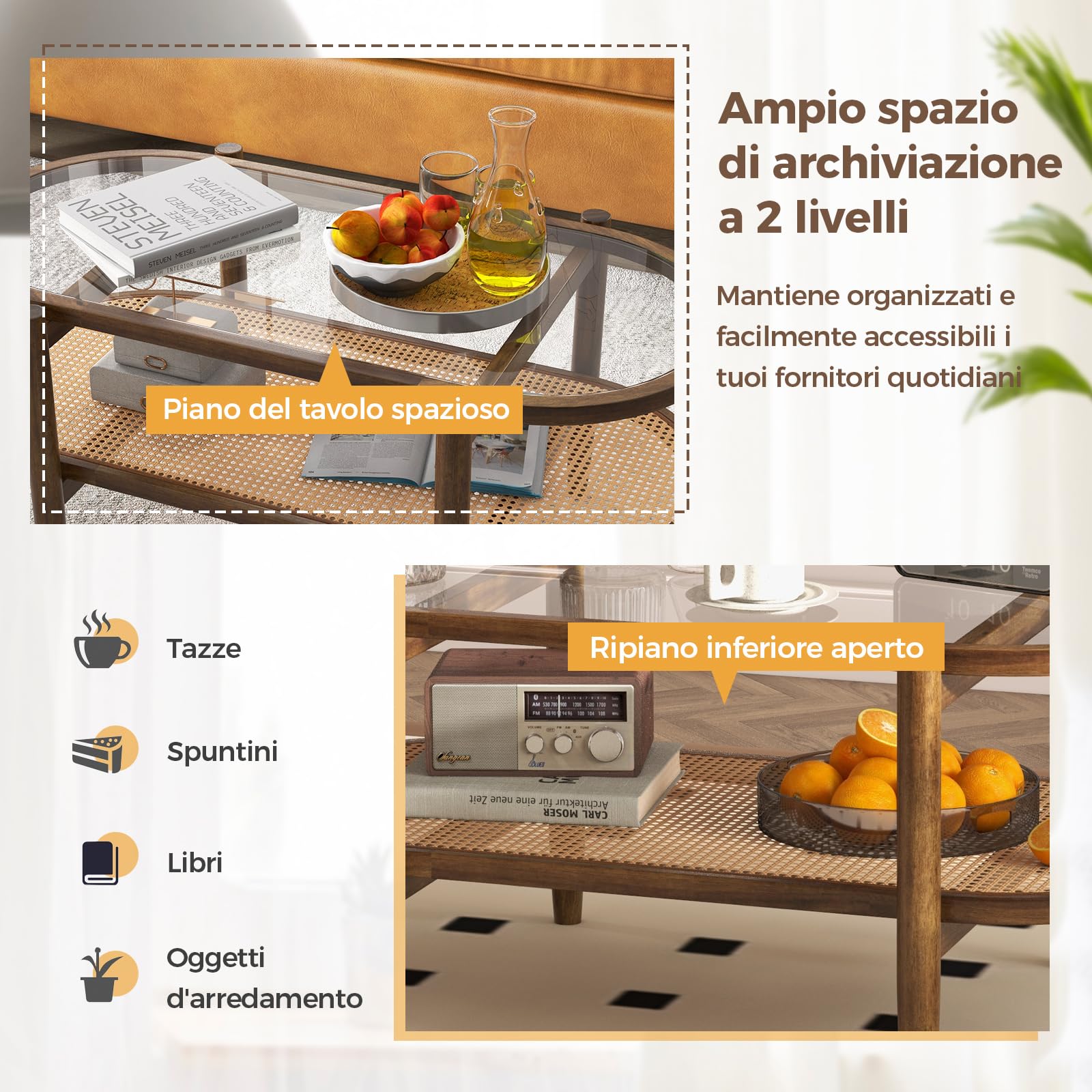 COSTWAY Tavolino da Salotto in Legno Massello e Vetro, Tavolino Basso a 2 Piani con Spazio di Archiviazione, Tavolo Ovale Elegante per Soggiorno e Ufficio (Marrone)