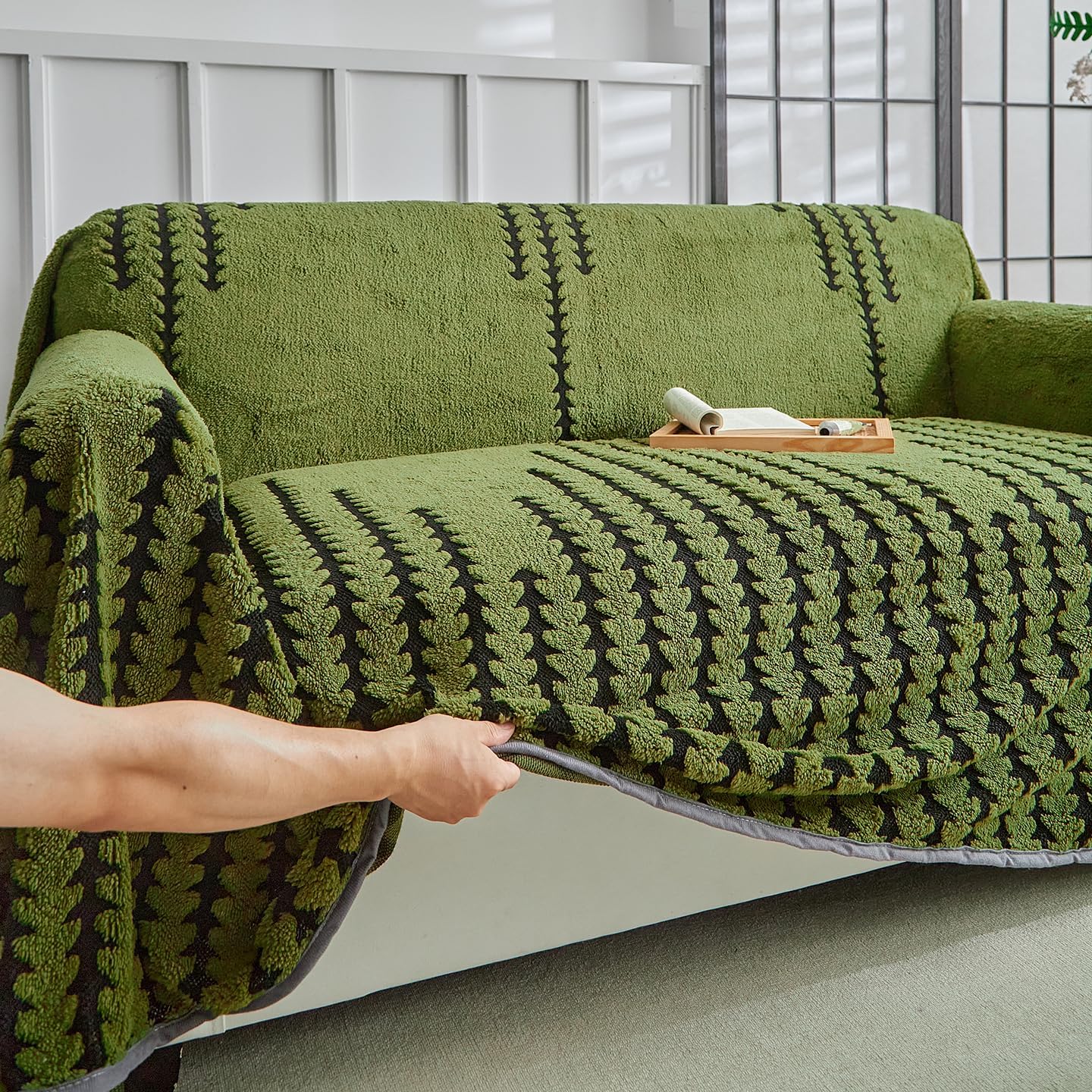Flannel Boho Sofa Covers Winter Couch Covers for 1 Cushion Couch Sofa Pet Friendly Soft Warm Non Slip Fleece Couch Stripes Cover - Washable and Easy Care Furniture Protector 71"x90" Green