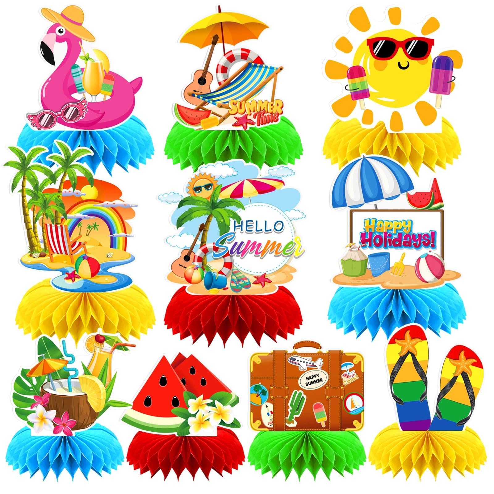 DTOFOOT 10Pcs Summer Party Decorations for Table,Hello Summer Honeycomb Centerpiece Hawaii Beach Pool Party Table Topper Decorations Summer Beach Pool Theme Party Favors Supplies