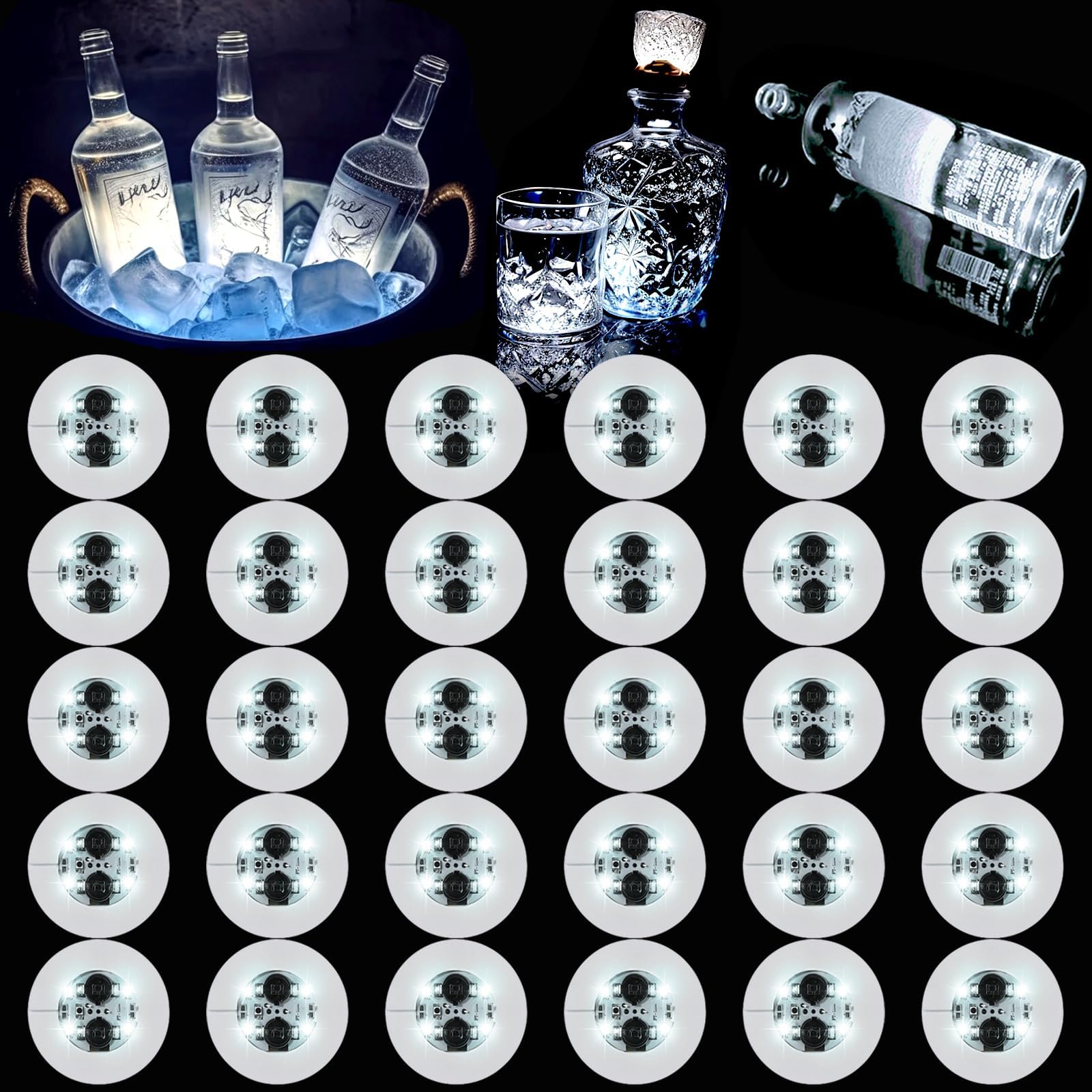 Led Coaster, 30 Pack Led Coaster Lights for Bottles, White, Round, Foam, Party, Wedding, Bar Decor