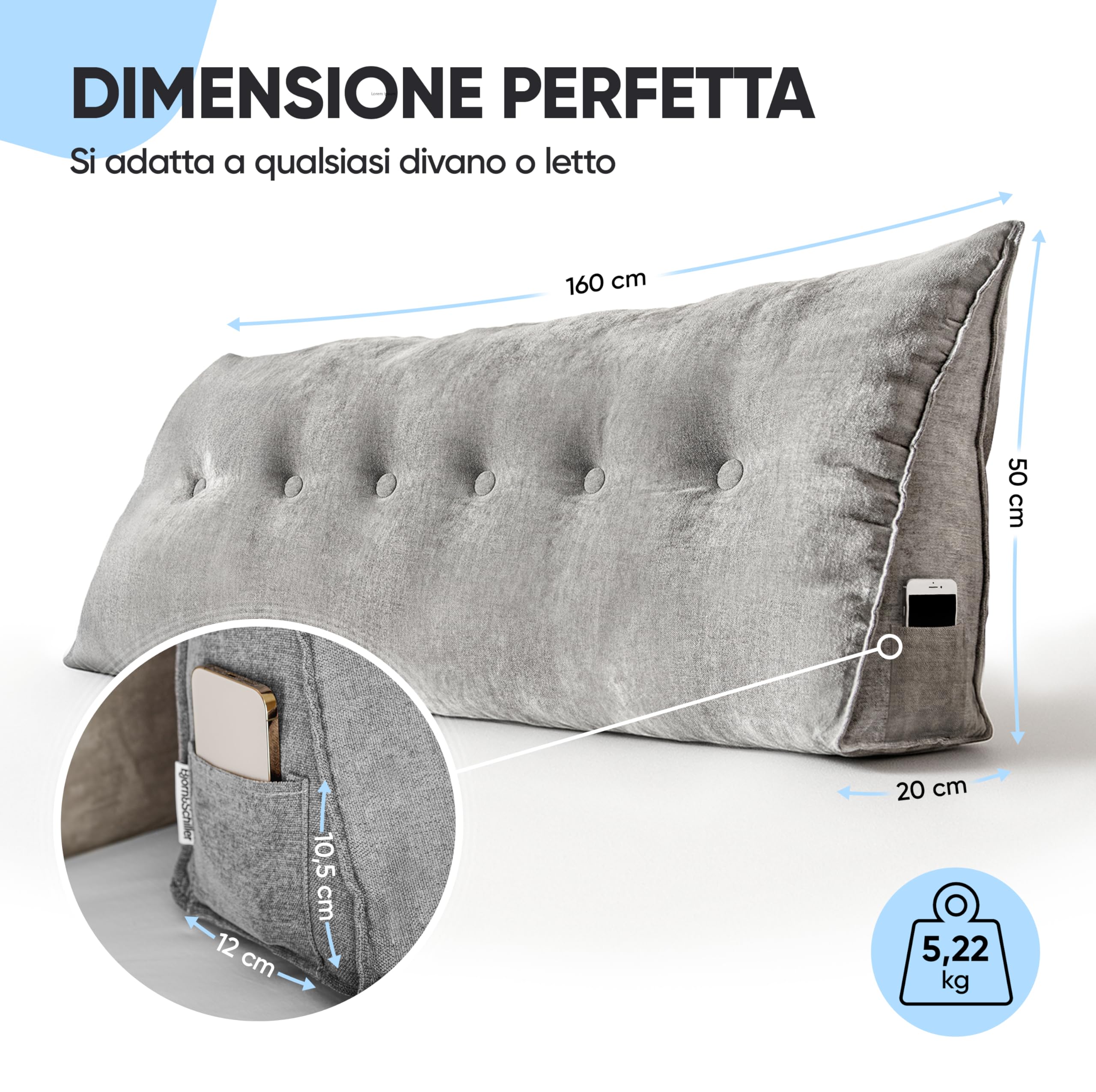 Björn&Schiller cuscino schienale - cuscino da lettura per letto e divano, cuscino grande per la testata del letto, con fodera lavabile (Grigio, 160 cm)