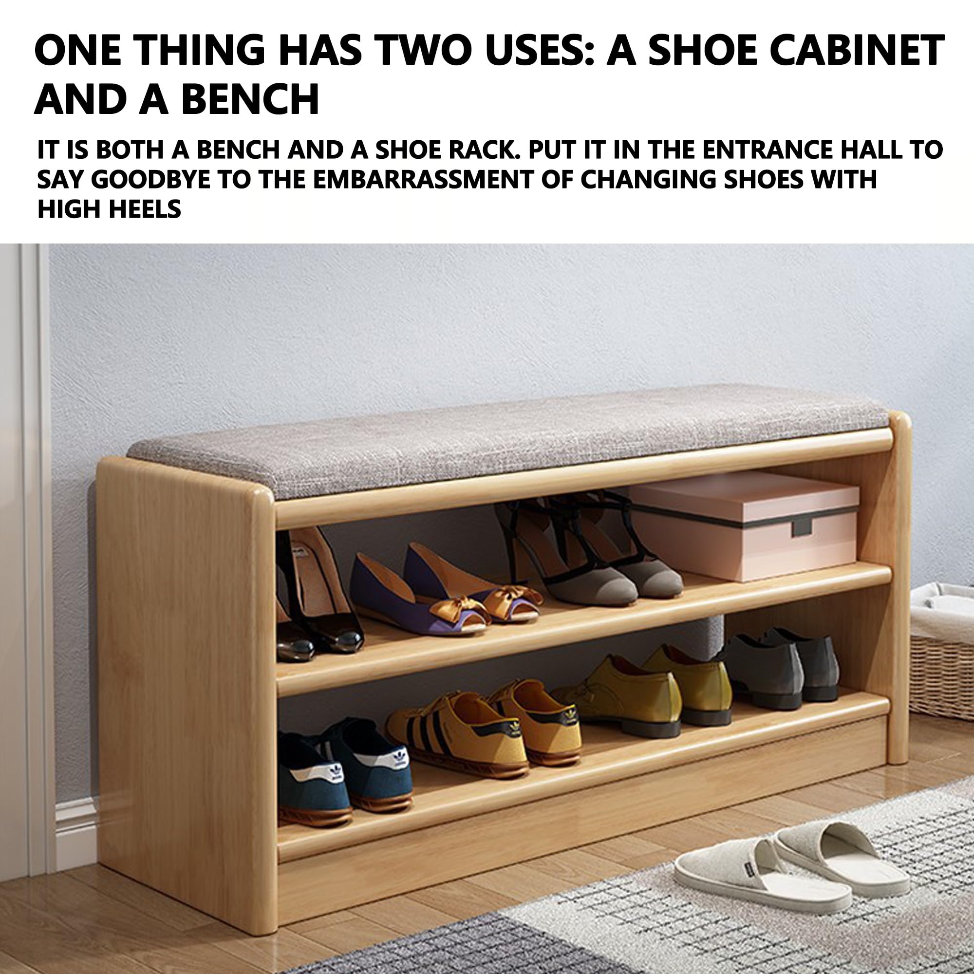 Zapatero otomano con Almacenamiento, Banco de Entrada, Estructura de Madera Maciza, cojín de Alta Resistencia, Estante para Exterior, 2 Opciones de Color (Madera, cojín, 103 cm)