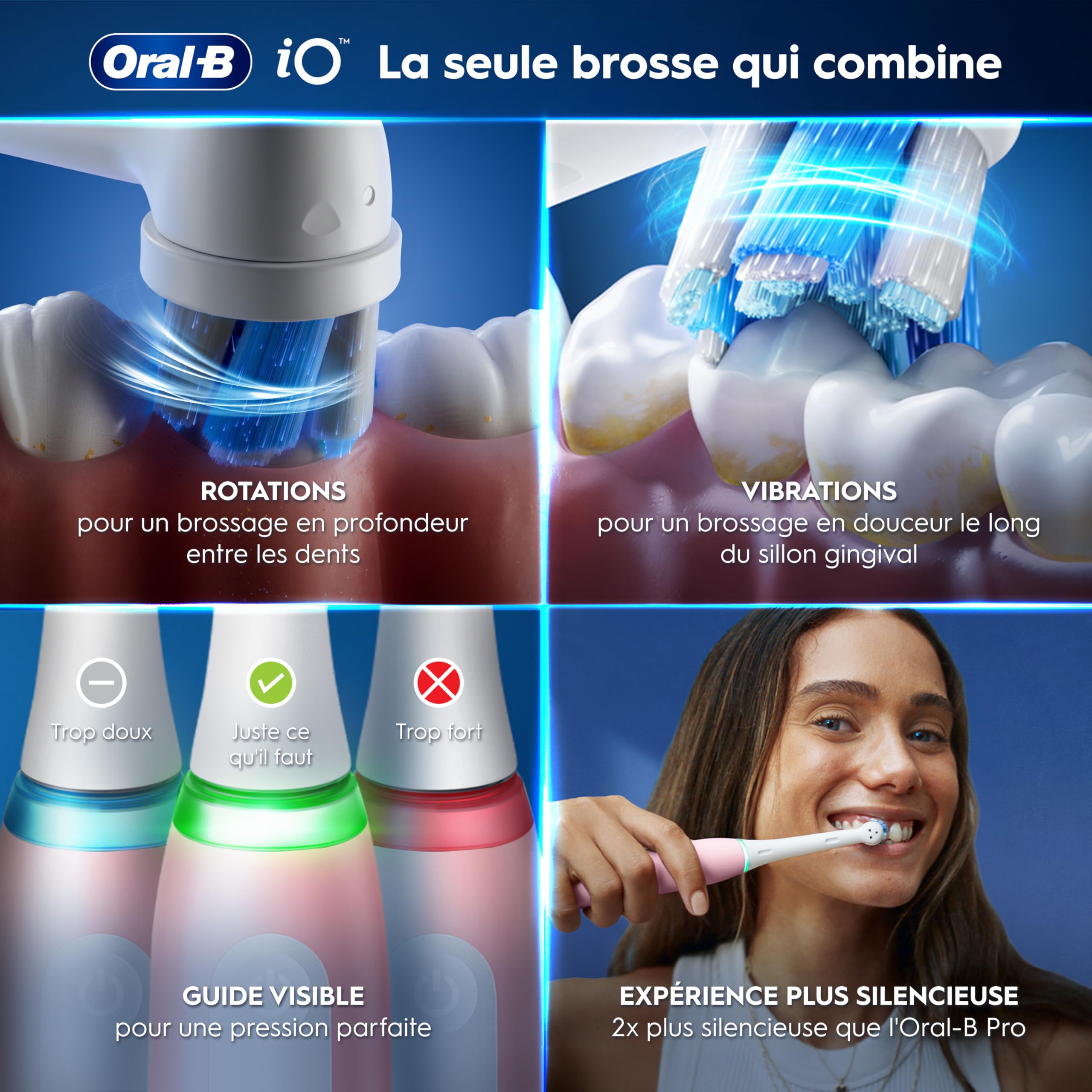 Oral-B Brosse à Dents Electrique iO 3 avec 1 Brossette de Rechange, Rose – 3 Modes de Brossage Silencieux dont Douceur et Blancheur, Capteur de Pression sur les Gencives, Batterie Rechargeable