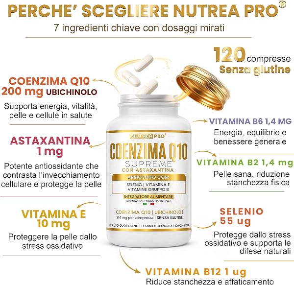 NUTREAPRO® Coenzima Q10 ubichinolo con Astaxantina 1 mg per massima efficacia | Antiossidante Energia e Pelle | Q10 Coenzima Ubichinolo 200 mg | Integratore coq10 con astaxantina Vitamina E B12 B6 B2 - 5
