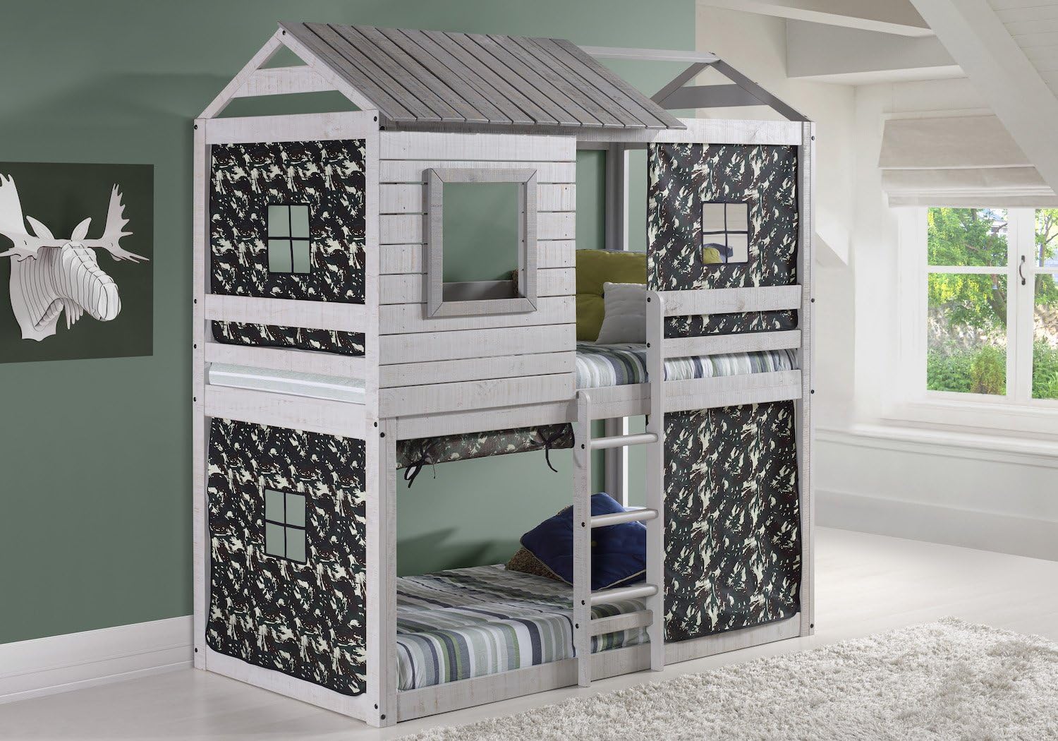 House Double Bunk Beds with Camouflage Tents - Free Storage Pockets