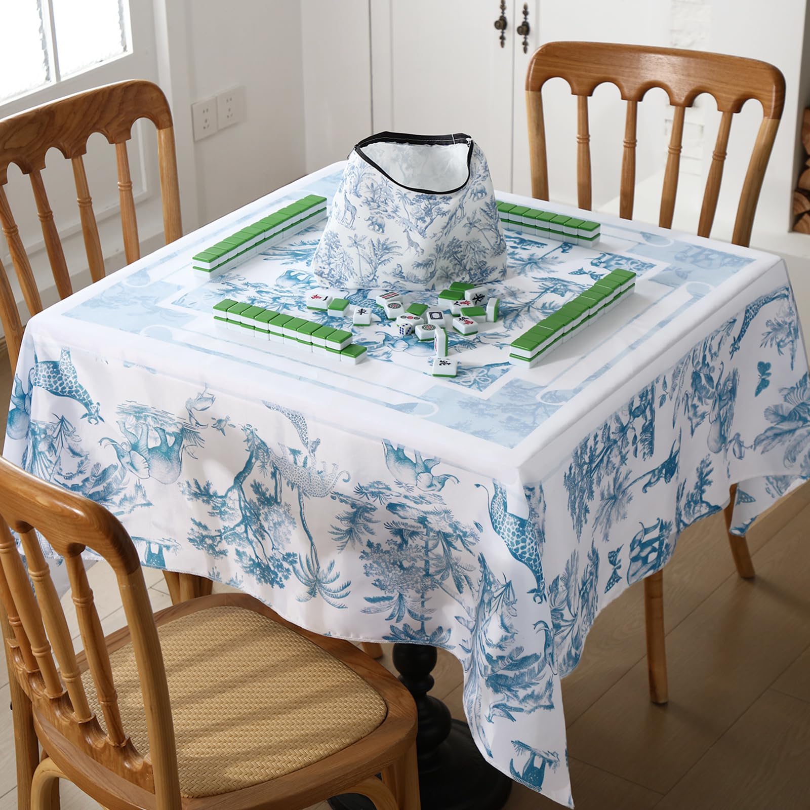 Hahafelt 2 Pcs Blue Mahjong Tablecloth with Tile Bag Set 56 x 56 Inch Blue Jungle Square Tablecloth Empty Mahjong Storage Bag Table Cove Card Game Set for Board Tile Game Lover, Beginners Gift Travel