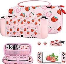 FUNDIARY Pink Carrying Case Set with Strawberry Pattern for Nintendo Switch OLED, Cute Storage Bag for Switch OLED with Soft TPU Case, Screen Protector, Adjustable Shoulder Strap and 2 Thumb Caps
