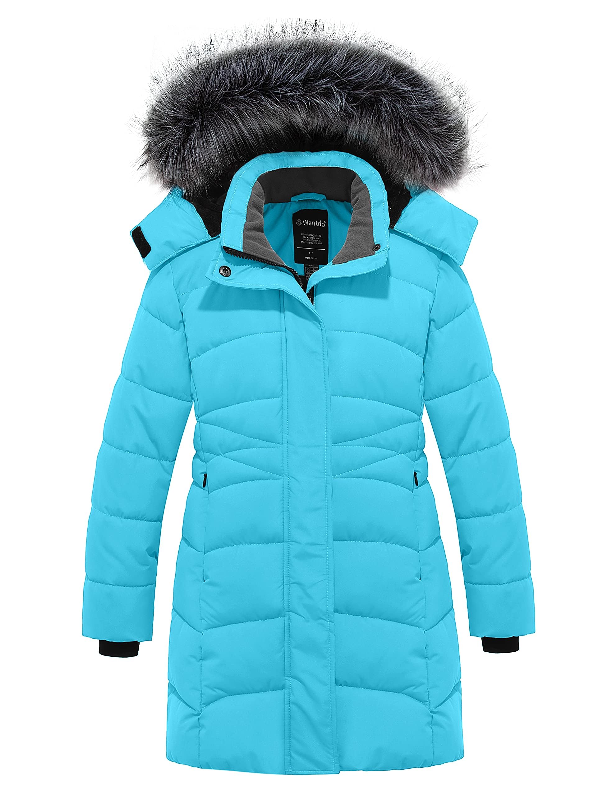 wantdo Girls Winter Coats Long Puffer Jackets Fleece Lined Removable Hood