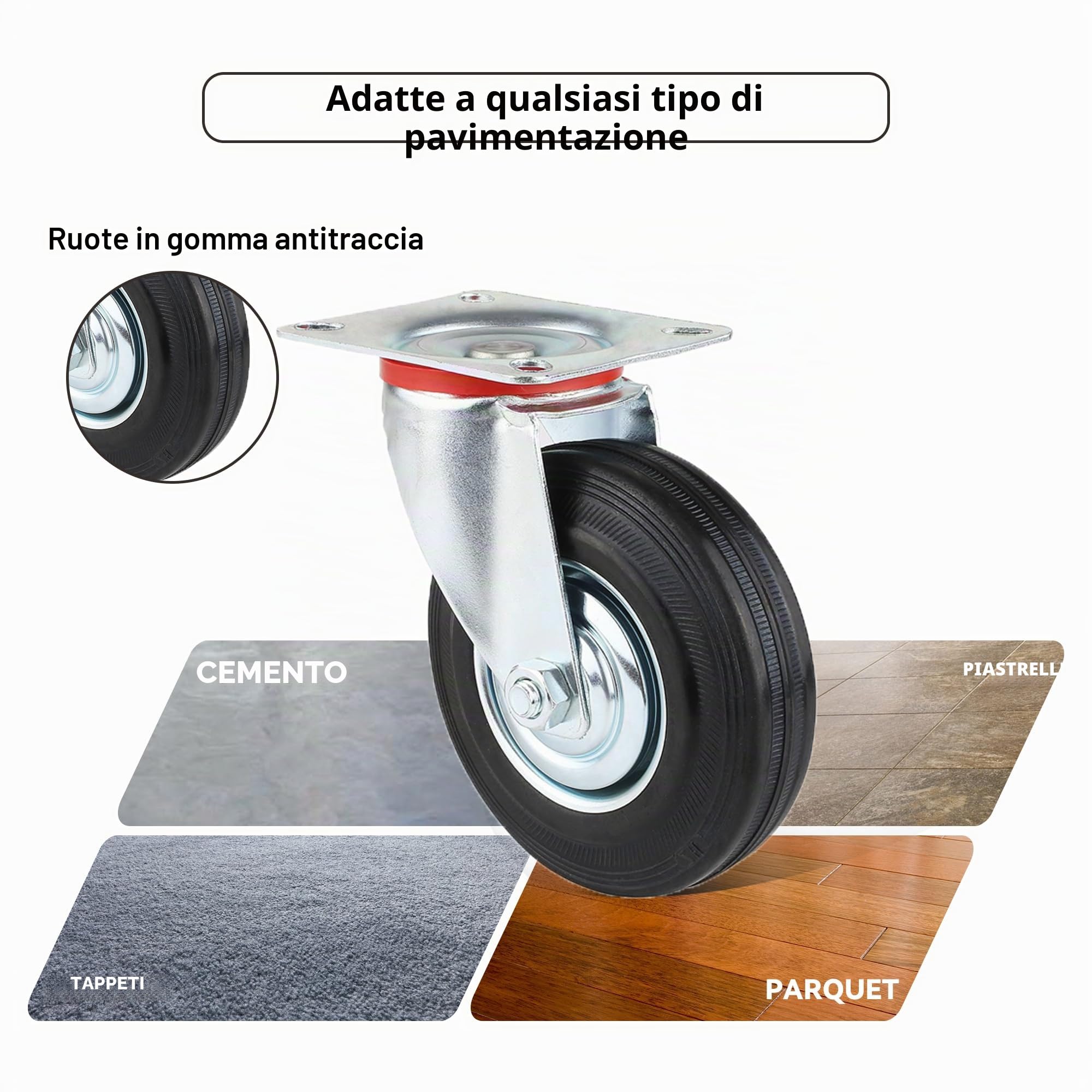 Ruote per Carichi Pesanti da 125 mm con Freno, 4 Rotelle per Mobile Rotelle Girevoli fino 400 kg, Ruote di Trasporto Rotazione 360°, Gomma Ruote industriali Pesanti (2 Girevoli + 2 Con Freno)