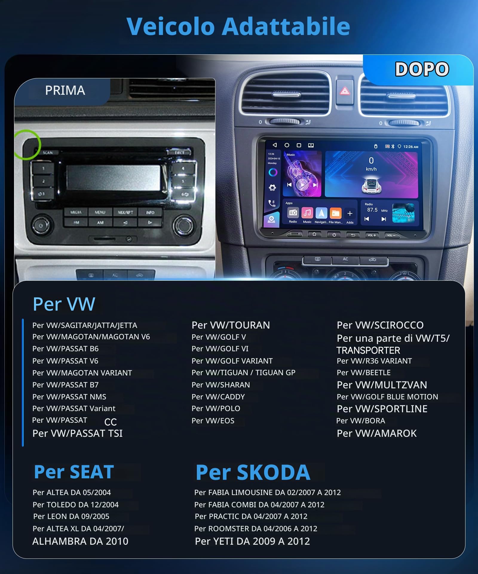VECHTEL 4G+64G DAB+ Autoradio Android 15 per VW Golf 5 6 Passat Jetta Caddy EOS T5 Tiguan Touran CC Polo, 9" Schermo co Carplay Android Auto senza Fili GPS WiFi USB Tipo-C Bluetooth FM RDS Retrocamera