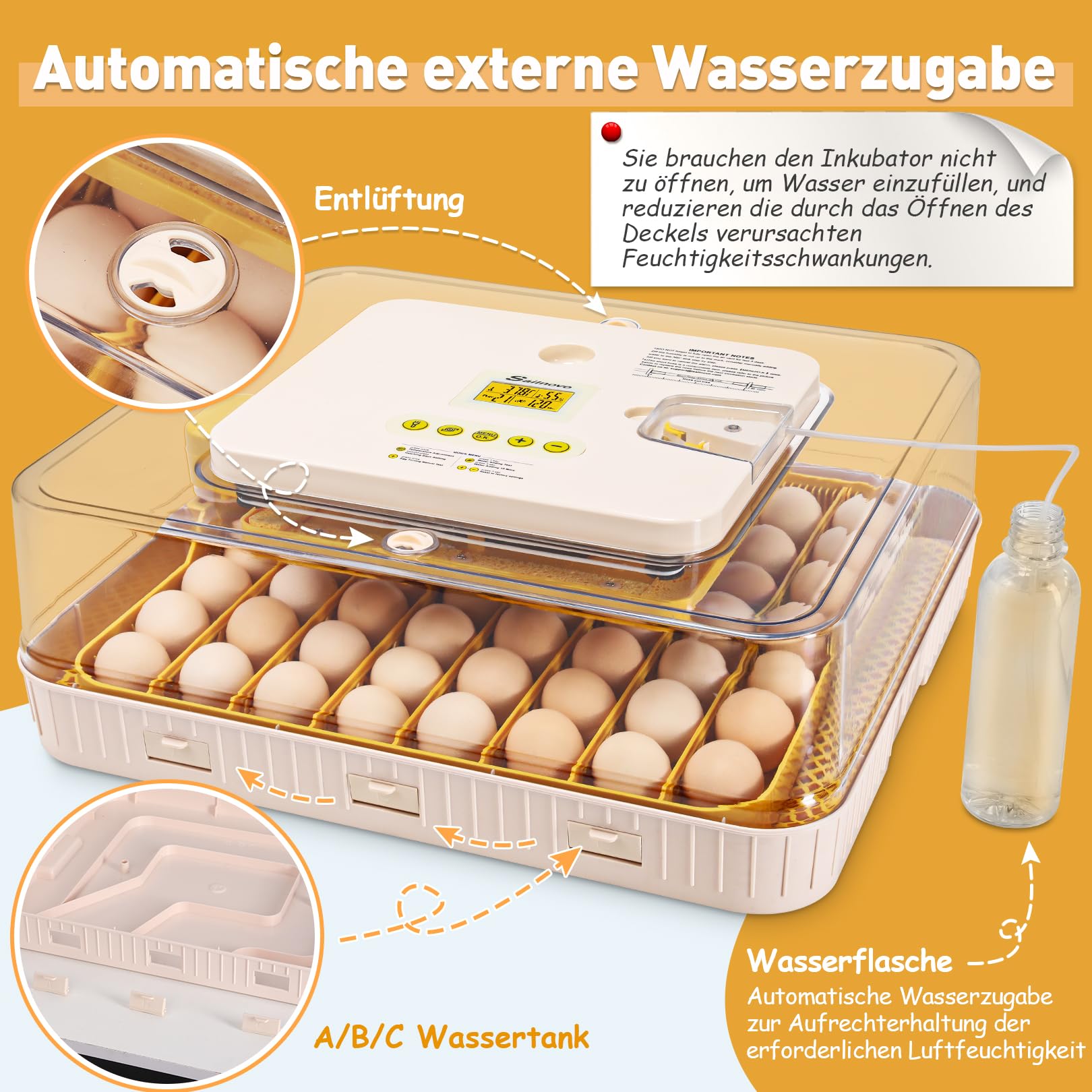 Sailnovo Brutautomat Vollautomatisch, Brutmaschine Eierinkubator für 56 Eier mit Temperaturkontrolle, Automatischer Befeuchtung, Automatischem Wenden der Eier und Schierlampe Für Eier Gelb