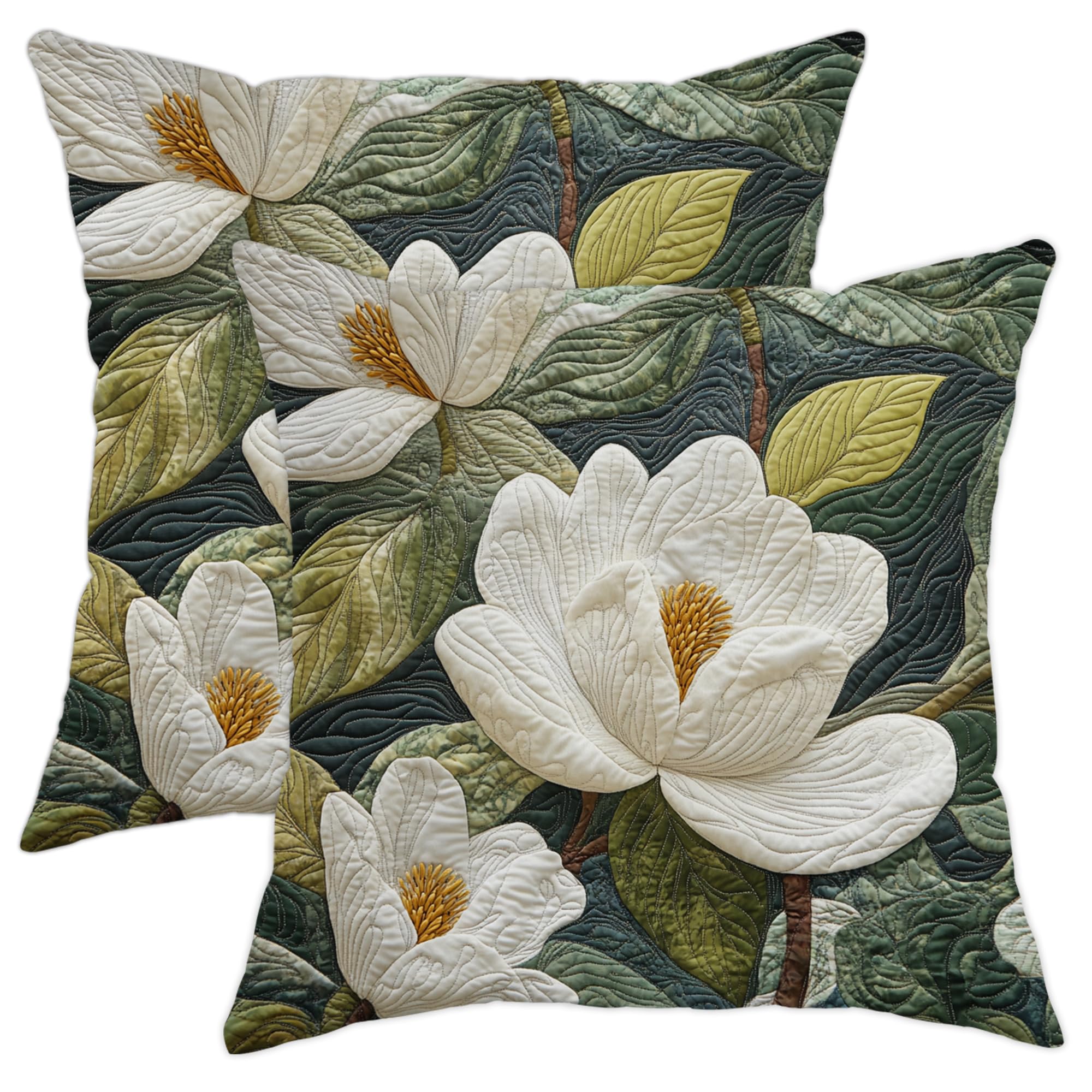 Imitate Quilted Magnolia Throw Pillow Covers 18x18 Set of 2, Soft Aesthetic Floral Pillow Cases Kit with Zipper, Art Floral Decor for Couch Sofa