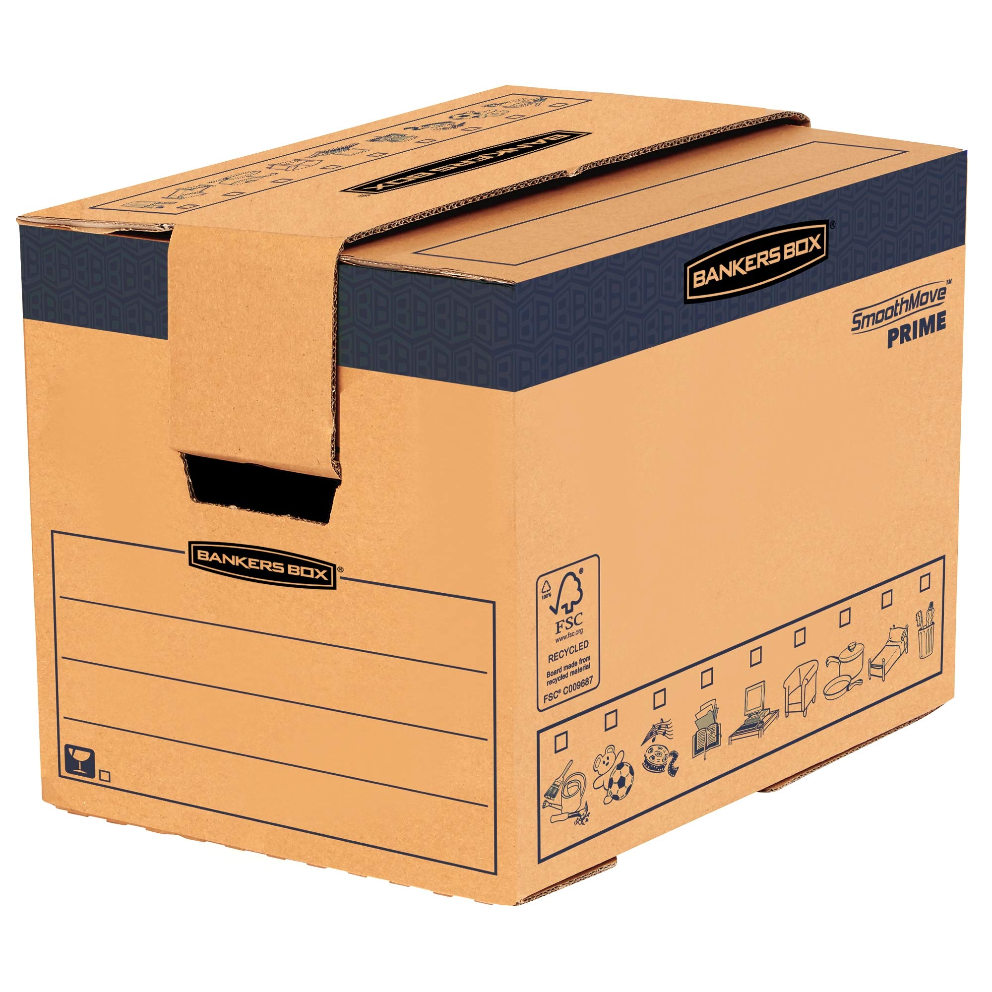 Bankers Box5 Large Strong Moving Boxes, 37.5L FastFold Moving Boxes, SmoothMove Cardboard Boxes, Heavy Duty Double Wall Boxes for Moving House with Handles, 40.5cm x 30cm x 30cm (5 Pack), Brown