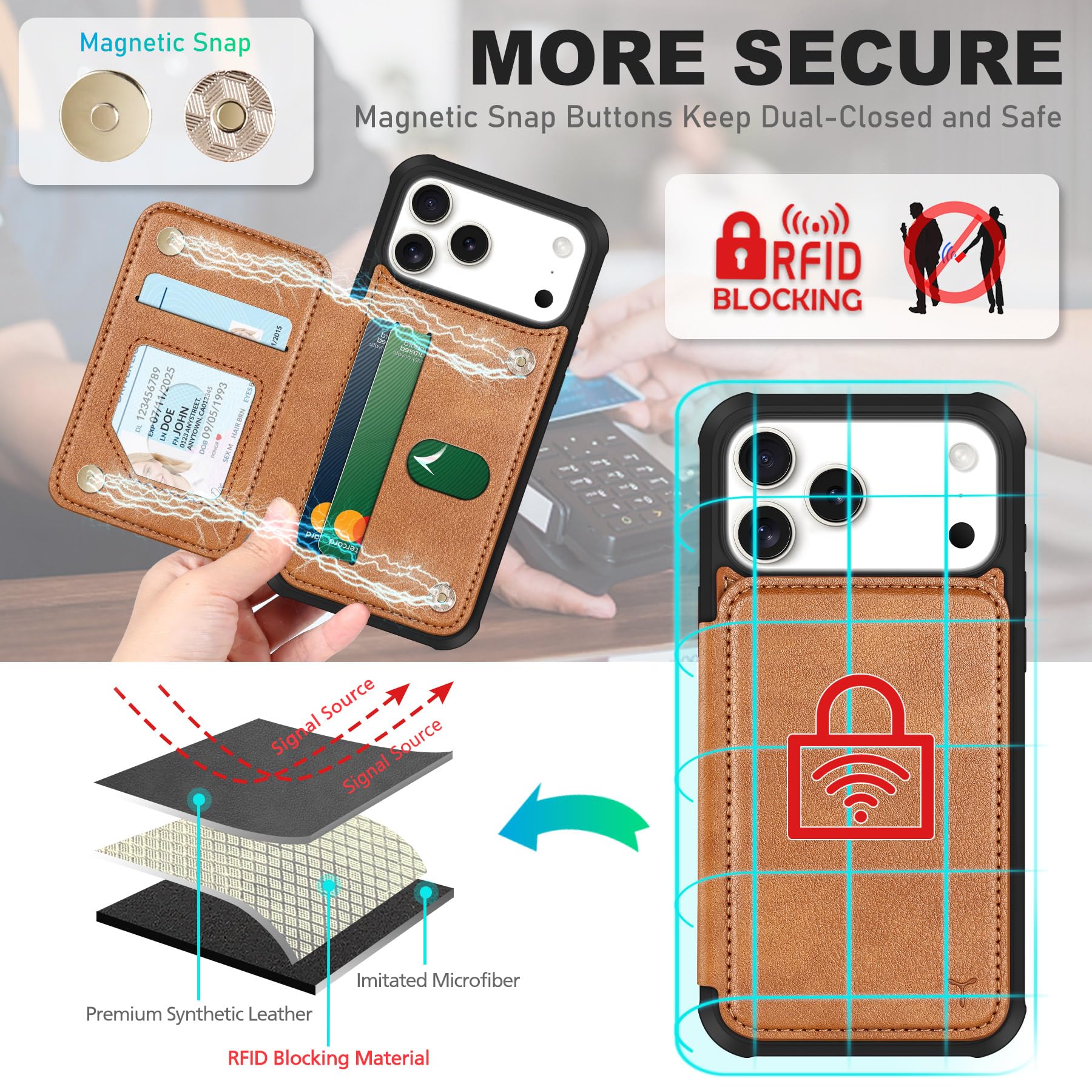 TUCCH Funda Billetera para iPhone 17 Pro MAX 6,9-Pulgadas 5G 2025 Bloqueo RFID | Cuero PU [Tarjeteros Indesmontable] 3 Ranura Tarjeta Cierre Botón Magnético Protección Flip, Marrón Claro Texturizado