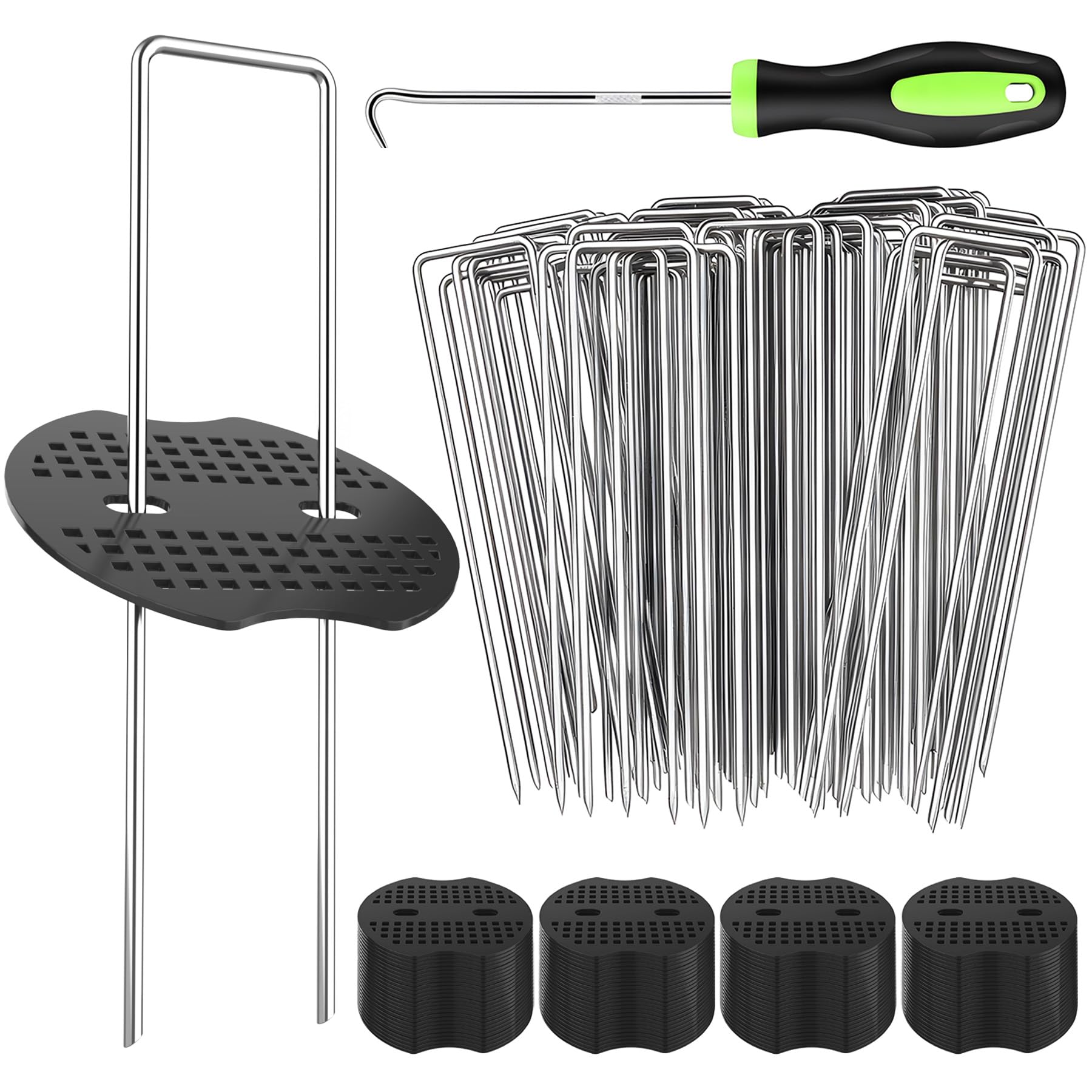 Lot de 200 Grapas en Forma de U de Acero Galvanizado(150x30mm, Ø3mm), Piquetas de Jardín con 100 Arandelas y 1 Gancho Extractor para Malla Antihierbas Césped Artificial Tuberías de Riego